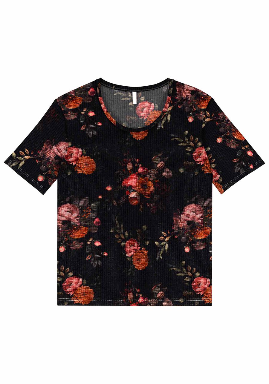 Blusa Estampada Canelada com Manga Curta, . Blusa Estampada Canelada com Manga Curta, , large.