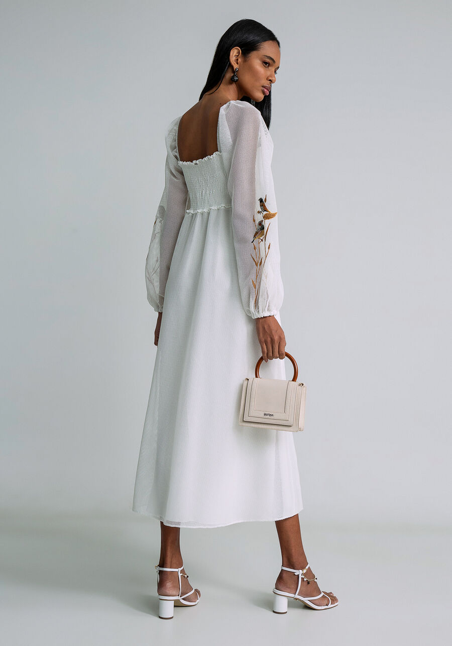 Vestido Midi Tela e Bordado, BRANCO OFF WHITE. Vestido Midi Tela e Bordado, BRANCO OFF WHITE, large.
