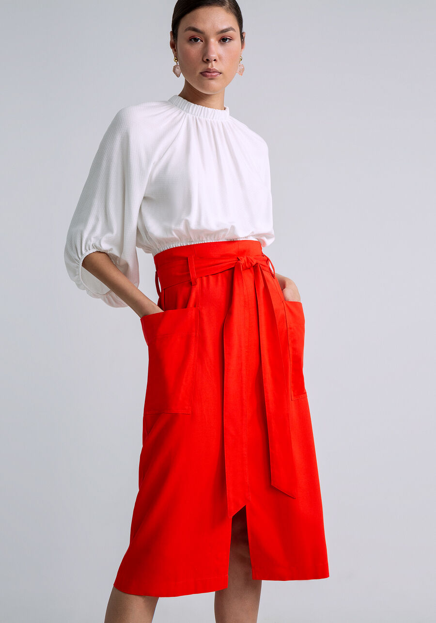 Saia Midi Cintura Alta Bolsos Faixa, LARANJA. Saia Midi Cintura Alta Bolsos Faixa, LARANJA, large.