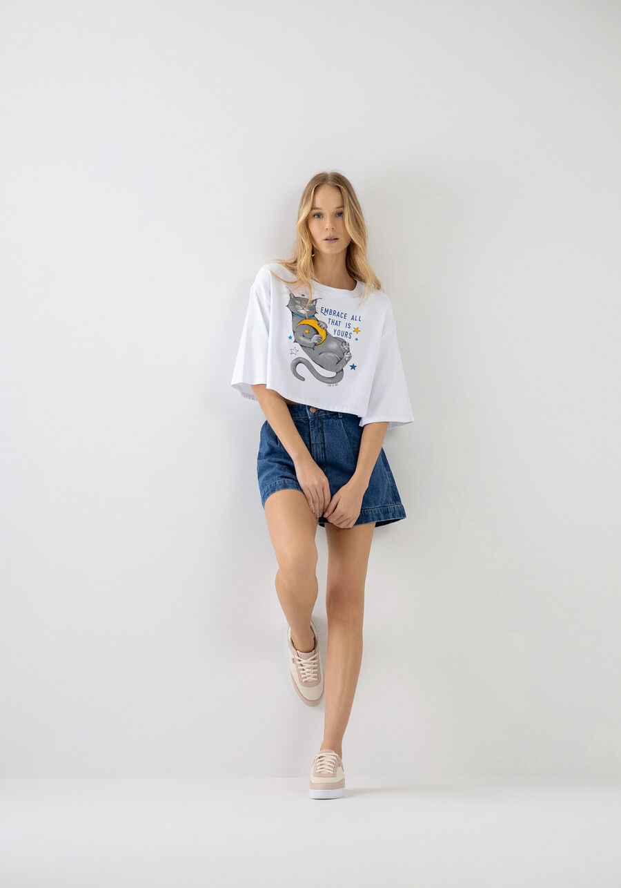 T-shirt Cropped em Malha com Estampa, . T-shirt Cropped em Malha com Estampa, , large.