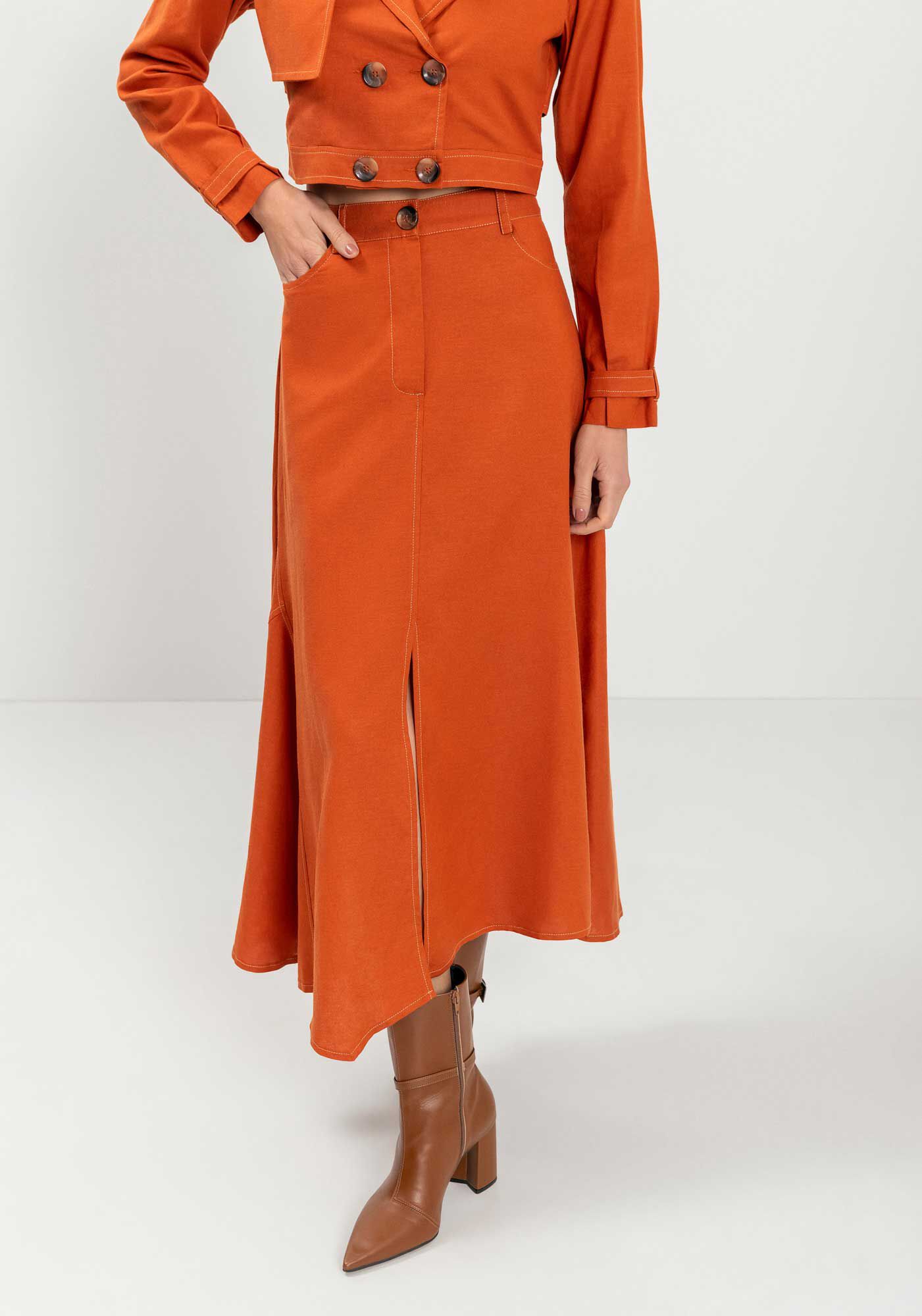 Saia Midi De Cintura Alta Com Fenda E Pesponto Contrastante, , large.