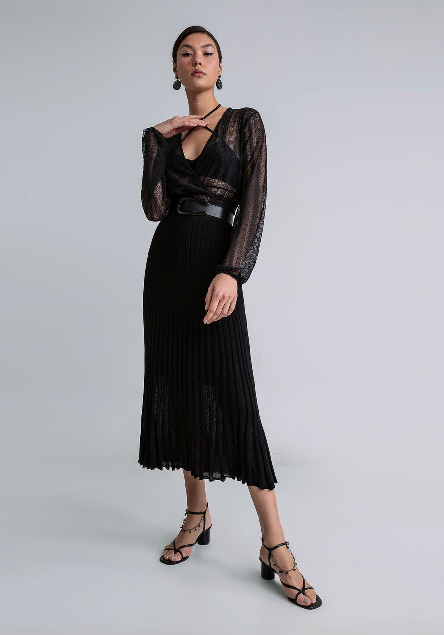 Blusa Manga Longa Renda com Top, PRETO. Blusa Manga Longa Renda com Top, PRETO, large.