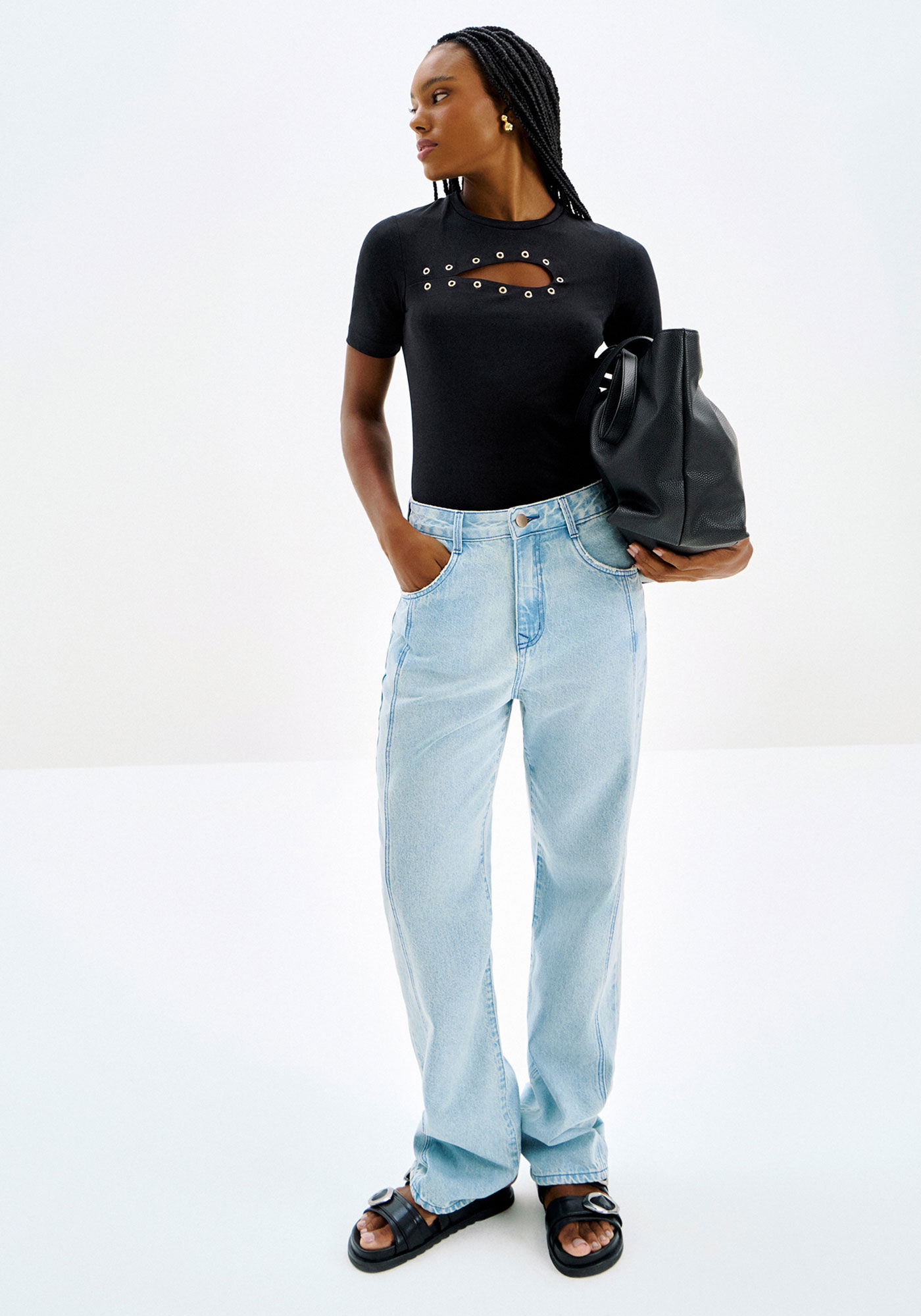 Cal&ccedil;a Jeans Reta Cintura Alta com Recorte Lateral, JEANS, large.