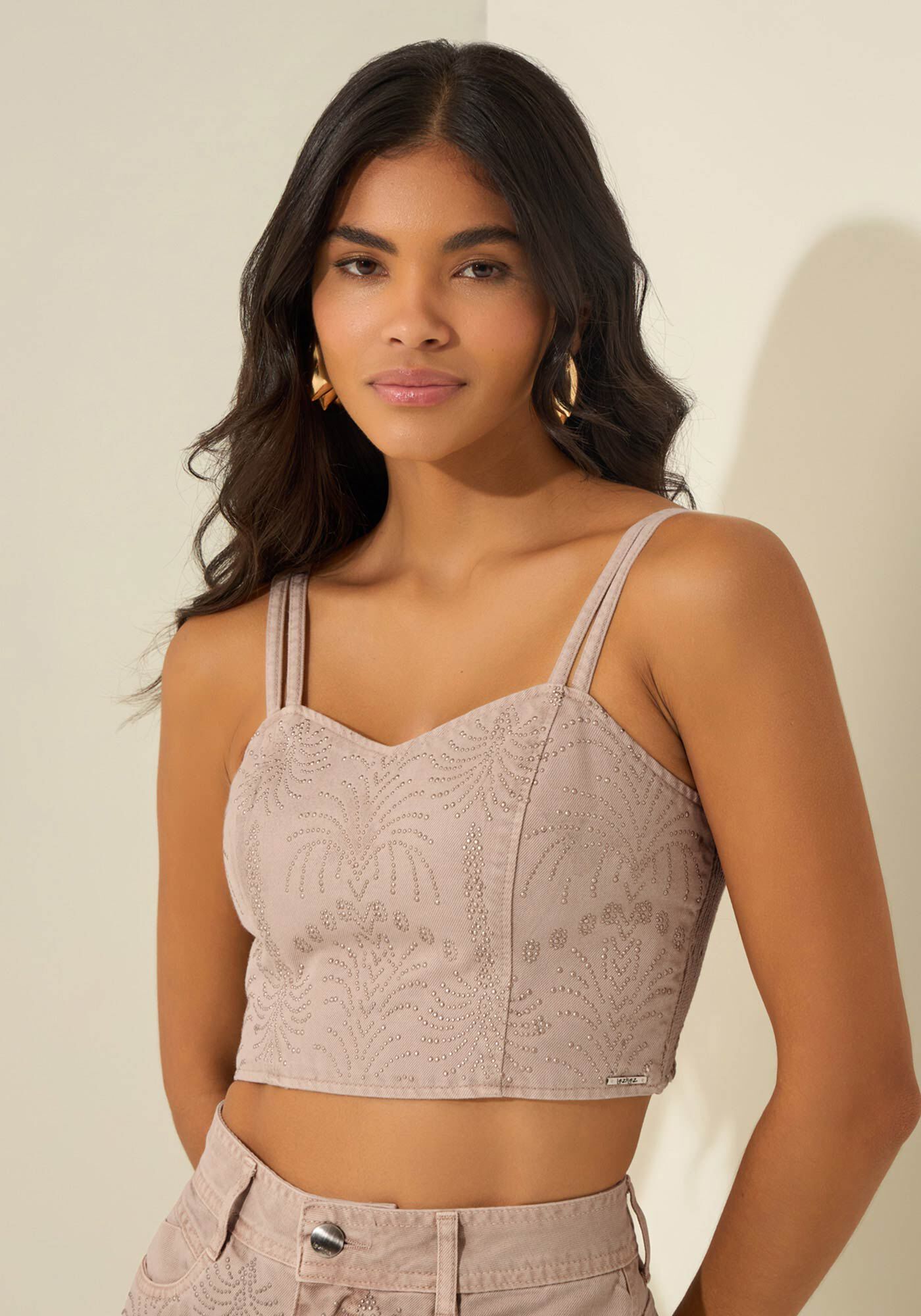 Top Cropped De Al&ccedil;as Em Sarja Com Aplica&ccedil;&otilde;es, BEGE PAPIRO, large.