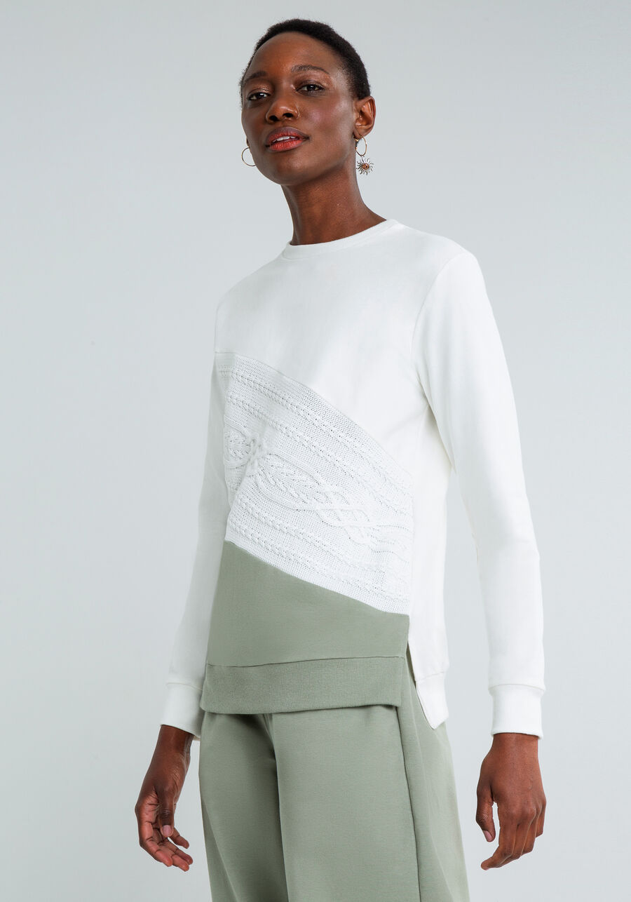 Blusão Manga Longa Recorte Tricô, BRANCO OFF WHITE. Blusão Manga Longa Recorte Tricô, BRANCO OFF WHITE, large.