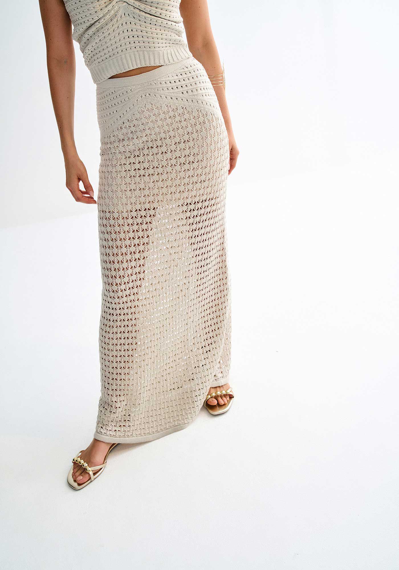 Saia Longa Cintura Alta em Tric&ocirc; Vazado com Forro Curto, CREME ANGORA, large.