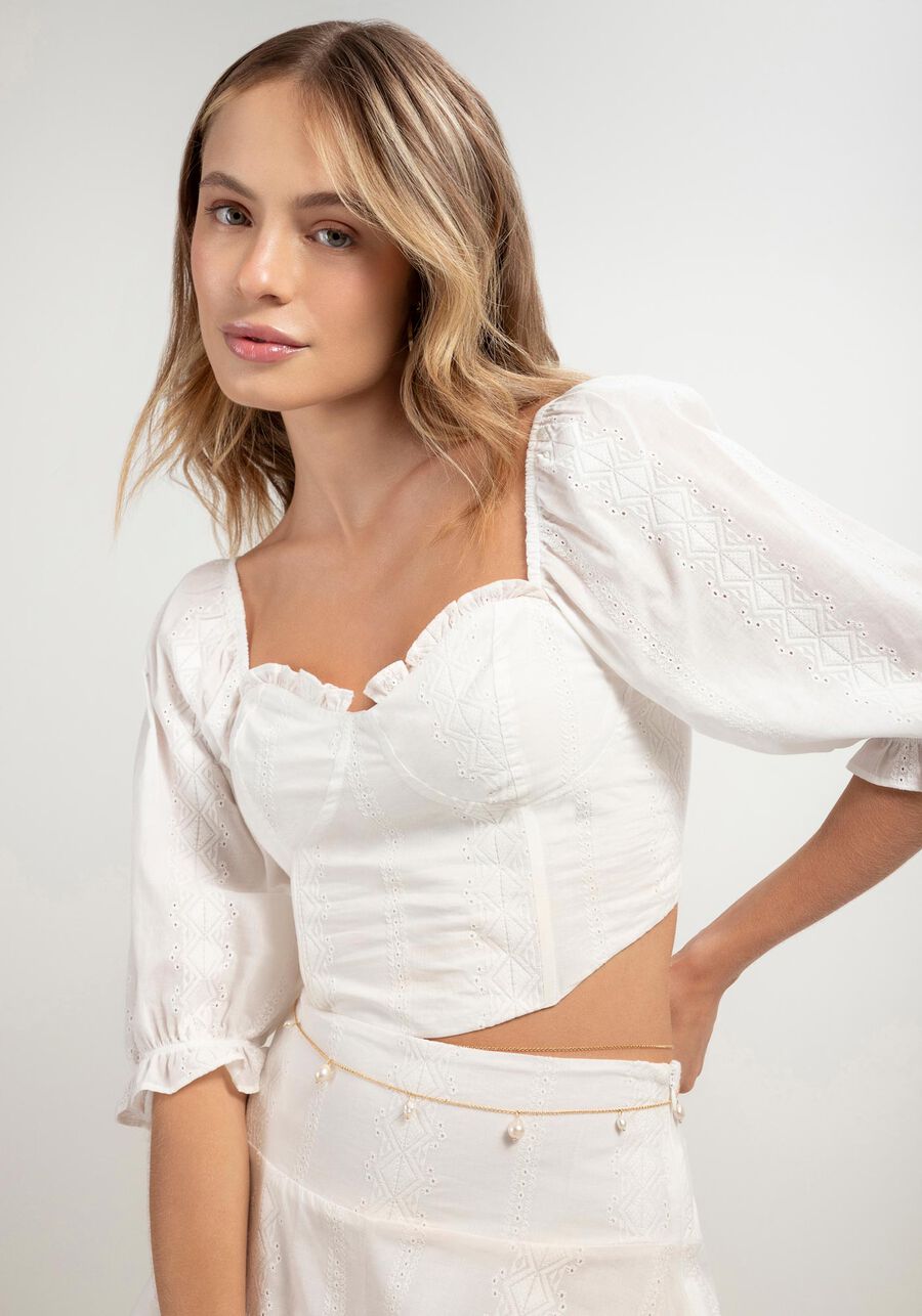 Blusa em Tecido Bordado com Manga Bufante, . Blusa em Tecido Bordado com Manga Bufante, , large.