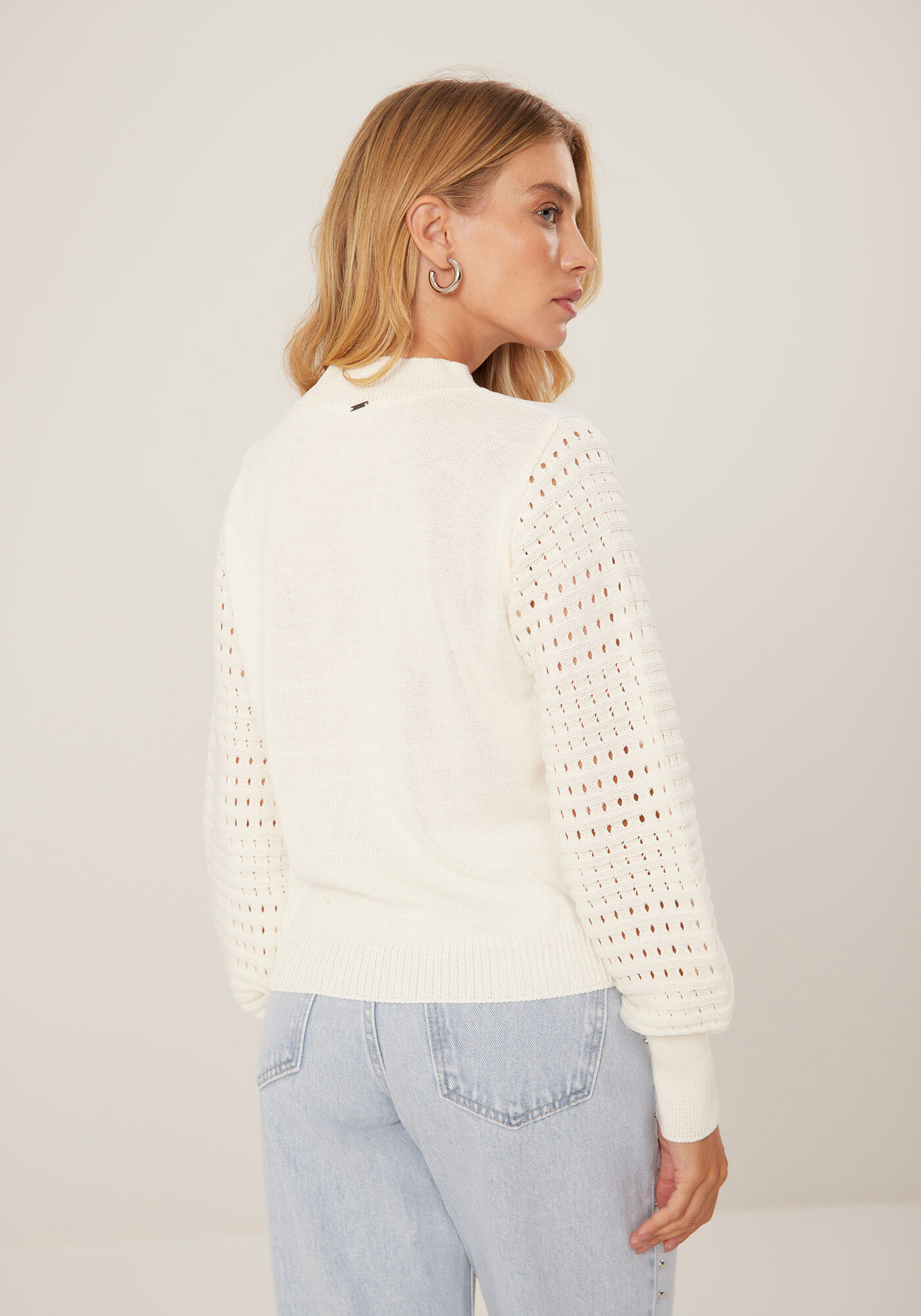 Blus&atilde;o Estampado em Tric&ocirc; com Mangas Bufantes, , large.