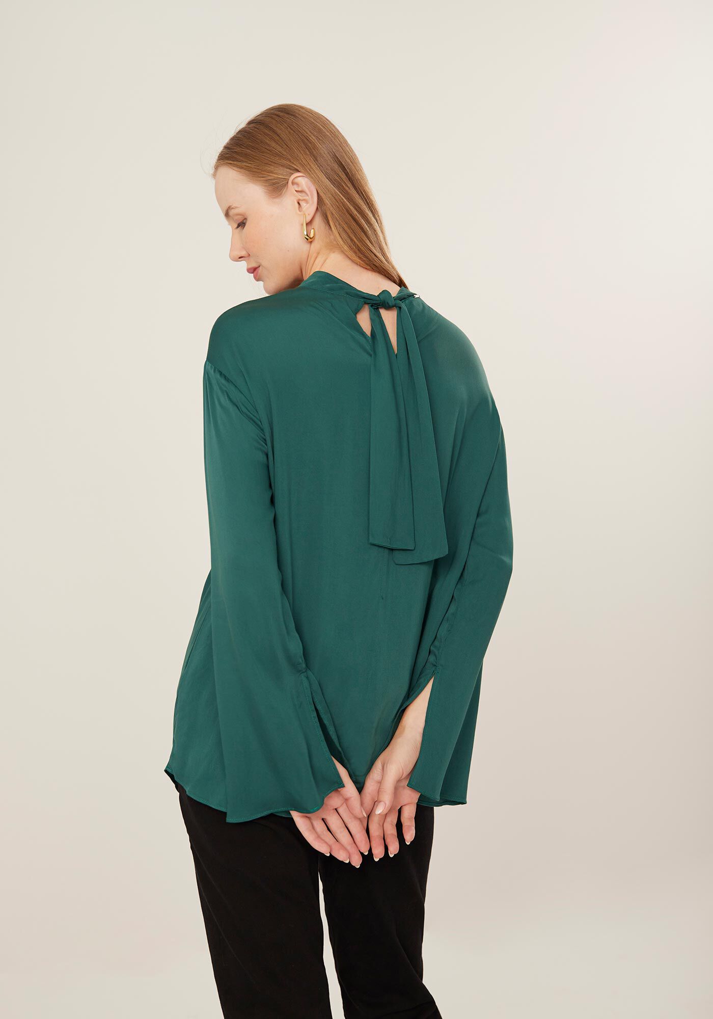 Blusa Alongada De Mangas Com Gola Alta E Amarra&ccedil;&atilde;o, , large.