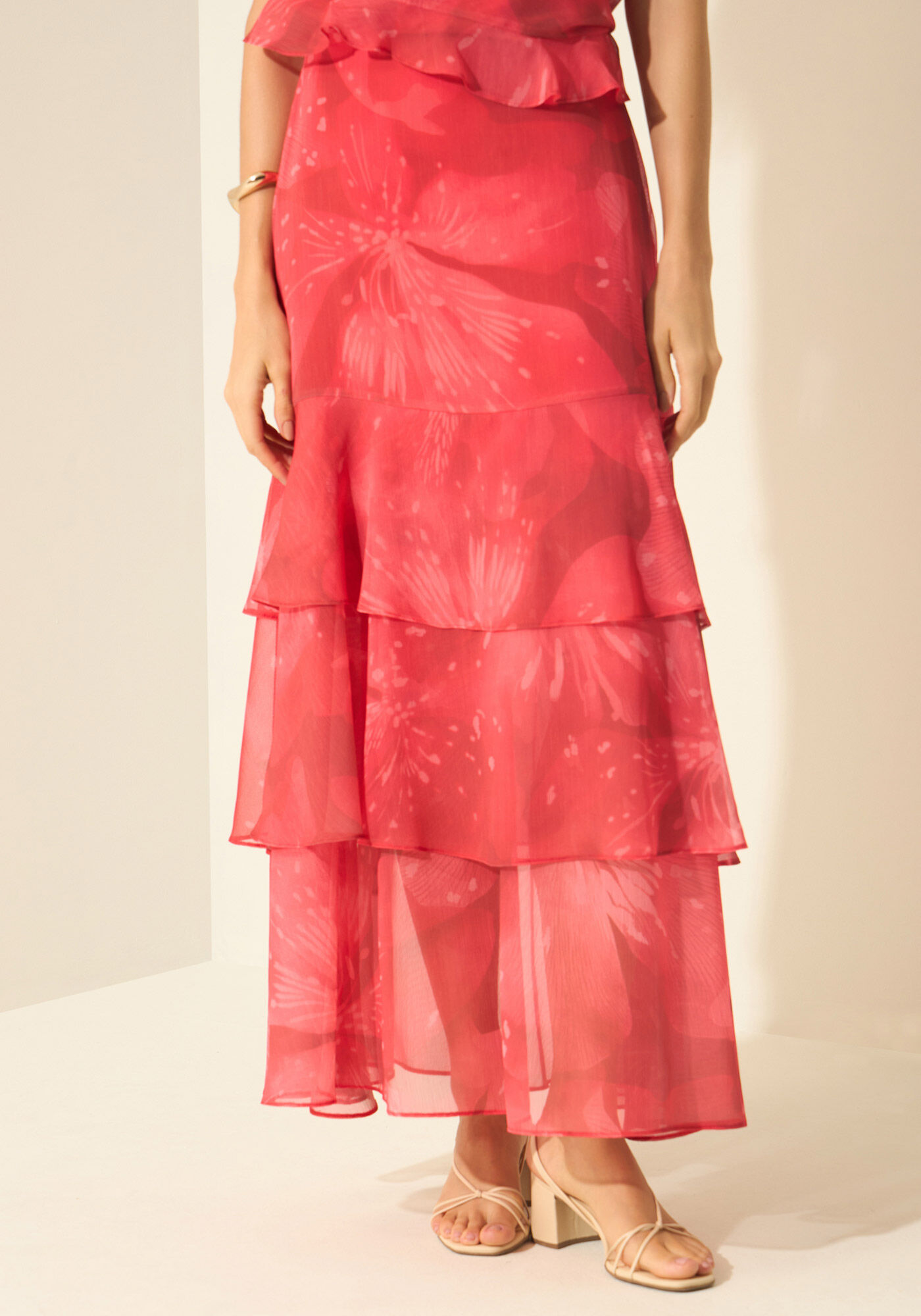 Saia Longa Estampada Com Babados E Cintura Alta, FLAMBOYANT VERMELHO, large.