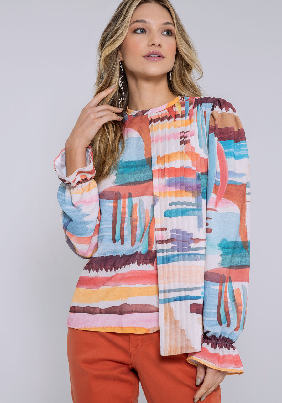 Blusa em Tecido Poly com Recorte Plissado, VOO. Blusa em Tecido Poly com Recorte Plissado, VOO, large.