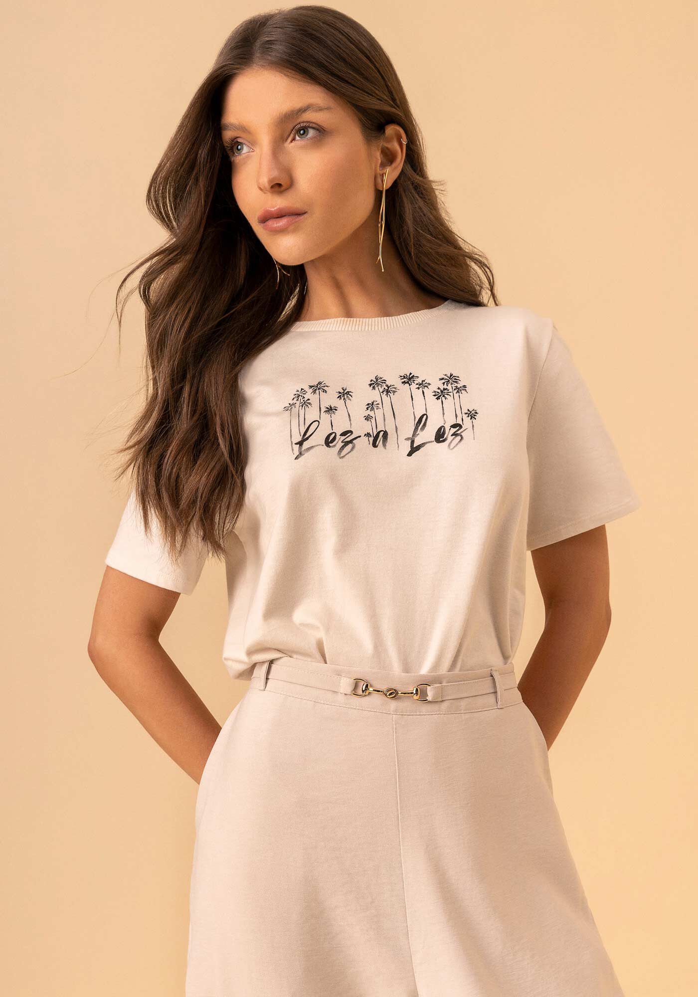 Blusa T-shirt De Mangas Curtas Em Malha Penteada, BEGE ALHAMBRA, large.