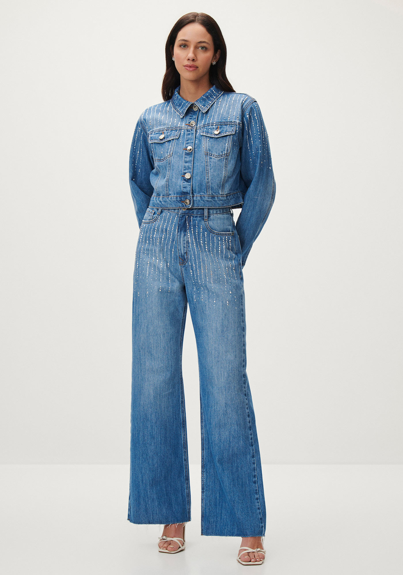 Cal&ccedil;a Jeans Wide Leg Super Alta com Strass, , large.