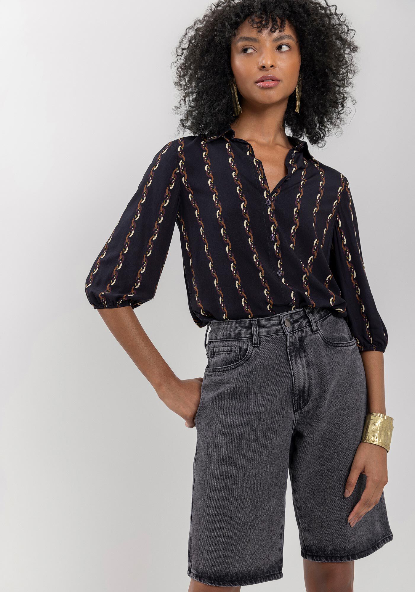 Bermuda Jeans Jorts Estonada Com Bolsos E Cintura Alta, , large.