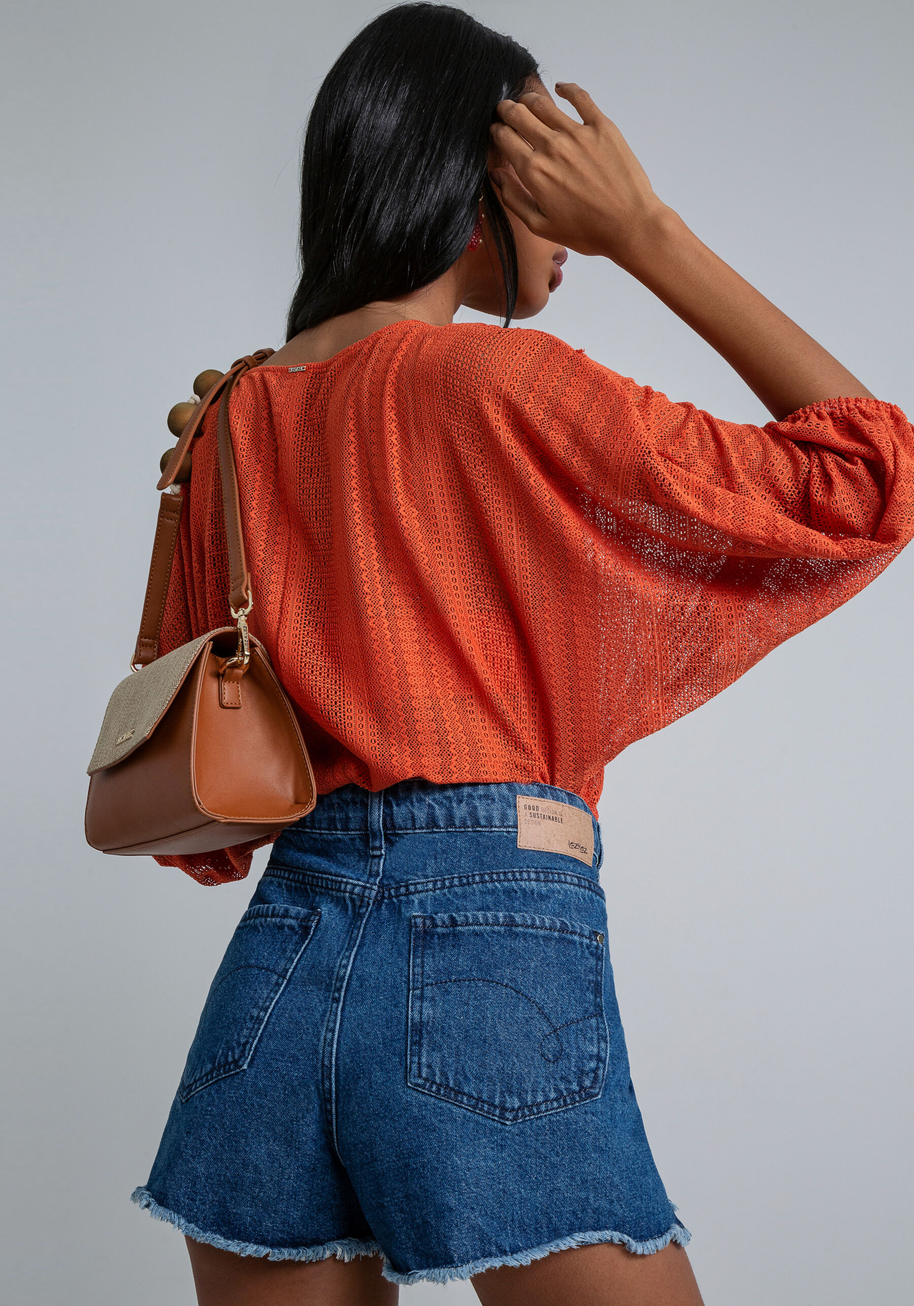 Blusa Manga 3/4 Bufante Renda, LARANJA. Blusa Manga 3/4 Bufante Renda, LARANJA, large.