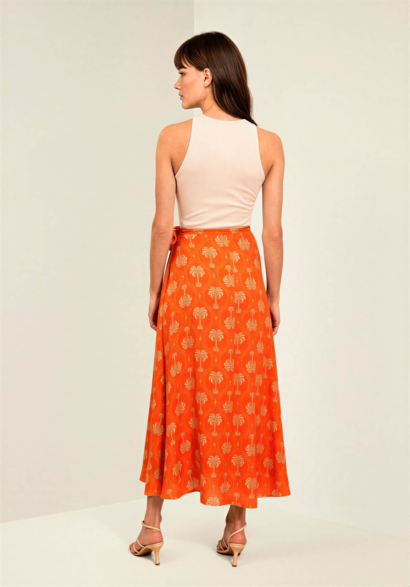 Saia Estampada Ch&aacute; De Cintura Alta Com Amarra&ccedil;&atilde;o, MAXI PALM LARANJA, large.