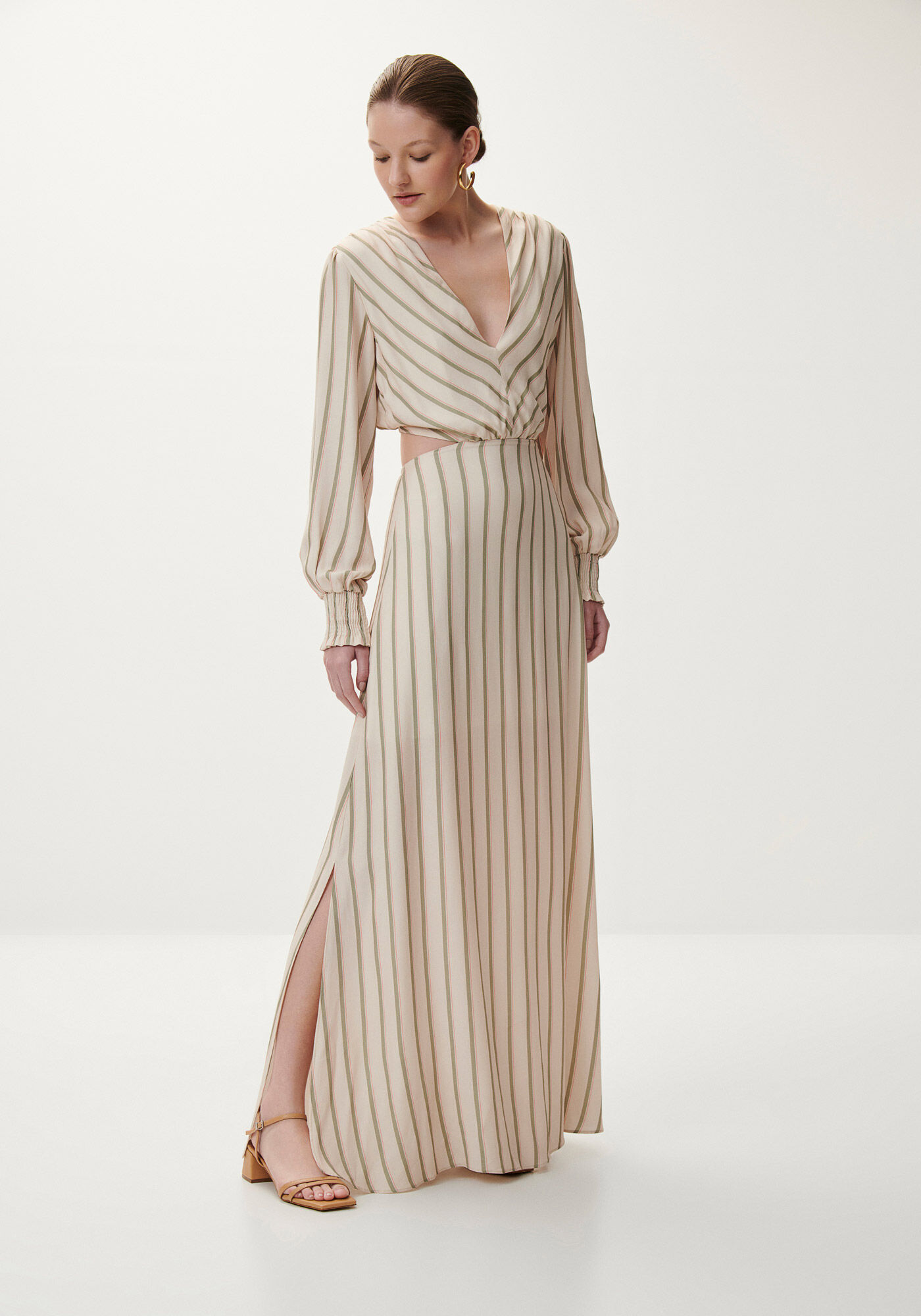 Vestido Longo Manga Longa Estampado com Cut Out, , large.