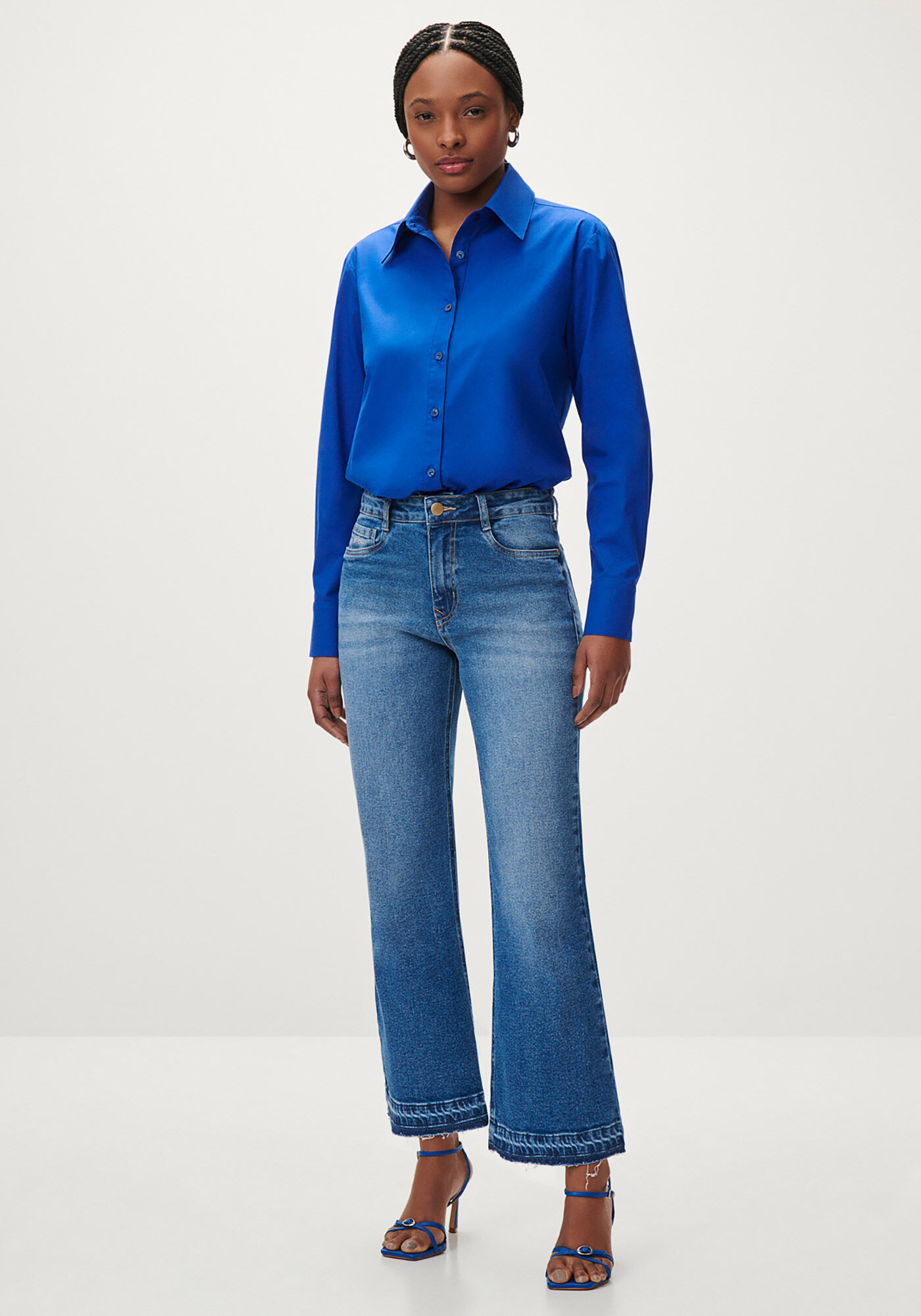 Cal&ccedil;a Jeans Flare Cropped com Cintura Alta, , large.