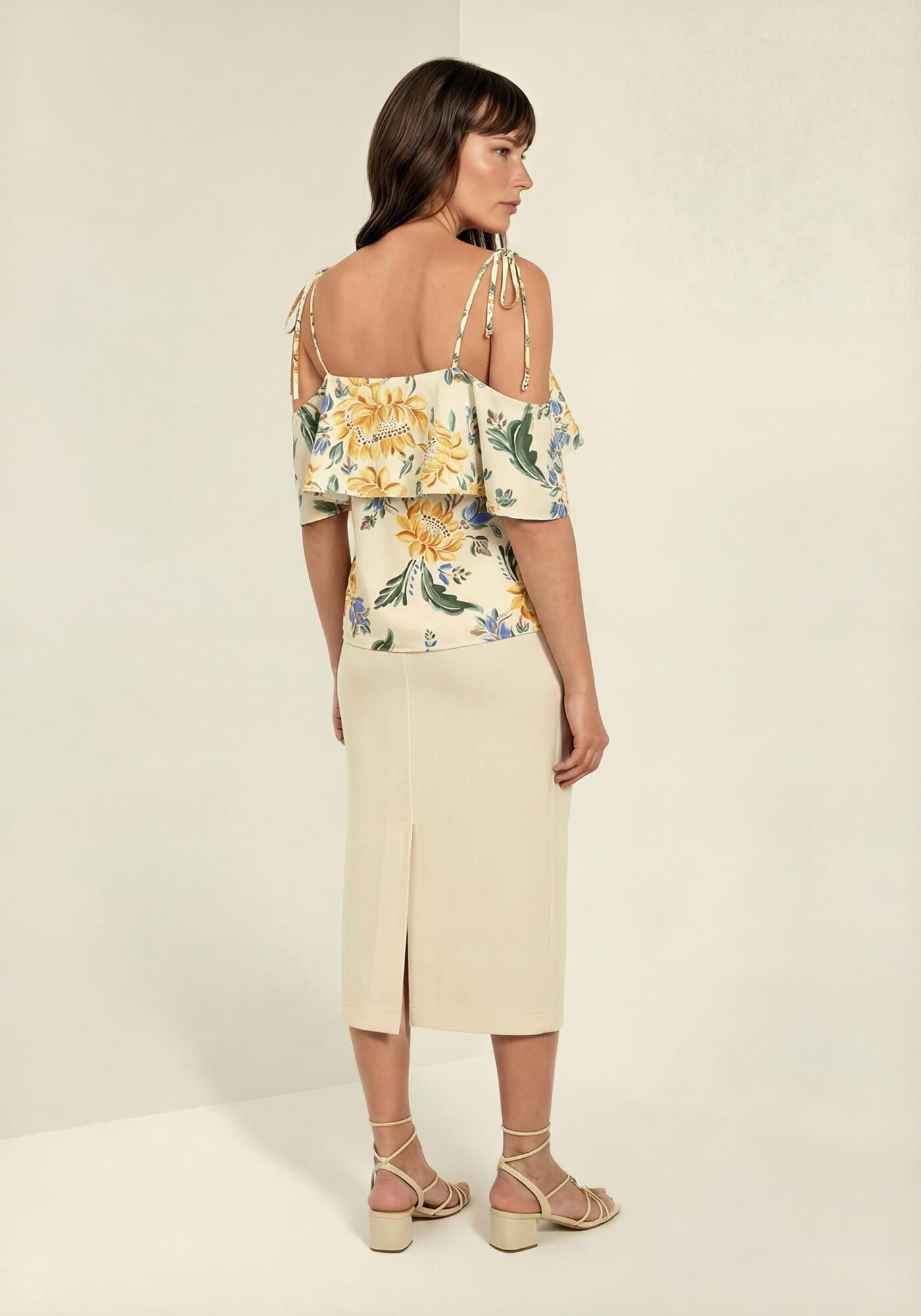 Blusa Fluida Estampada Com Babados E Al&ccedil;as De Amarrar, SUNFLOWER AMARELO, large.