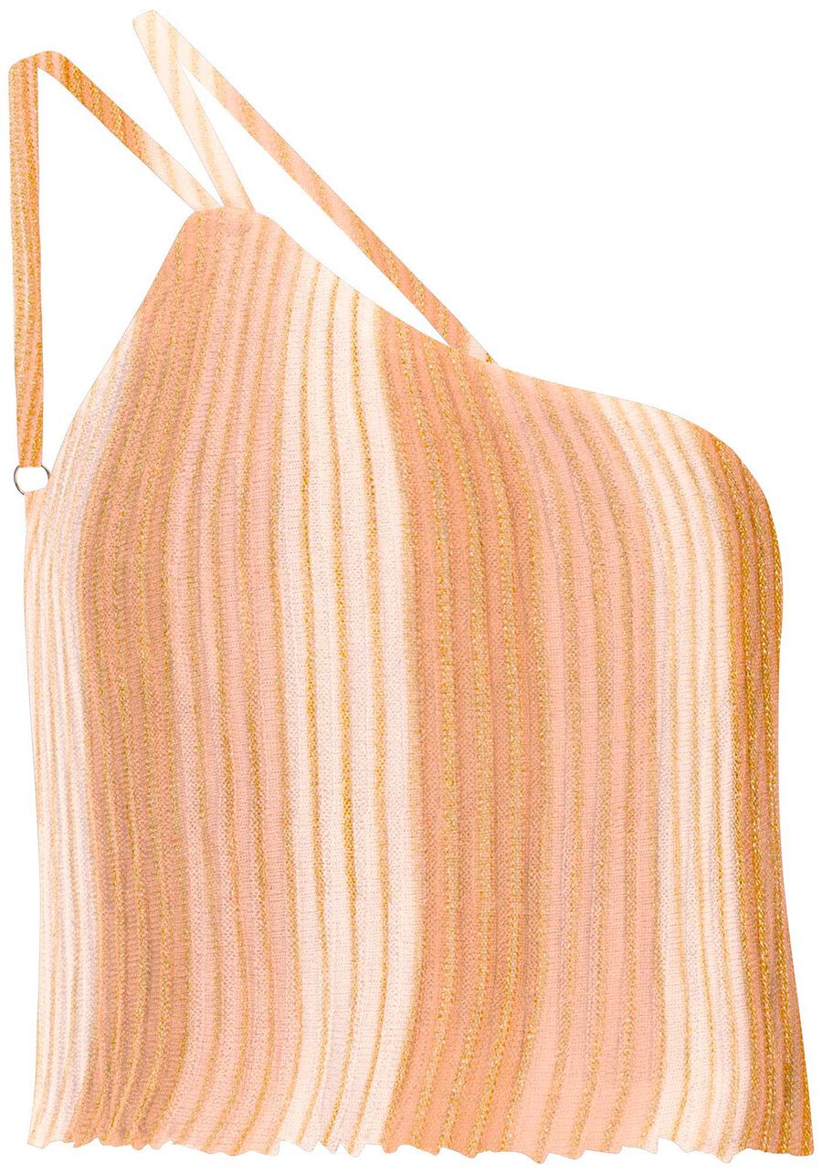 Blusa Um Ombro Só em Tricô com Lurex, BEGE CAQUI. Blusa Um Ombro Só em Tricô com Lurex, BEGE CAQUI, large.