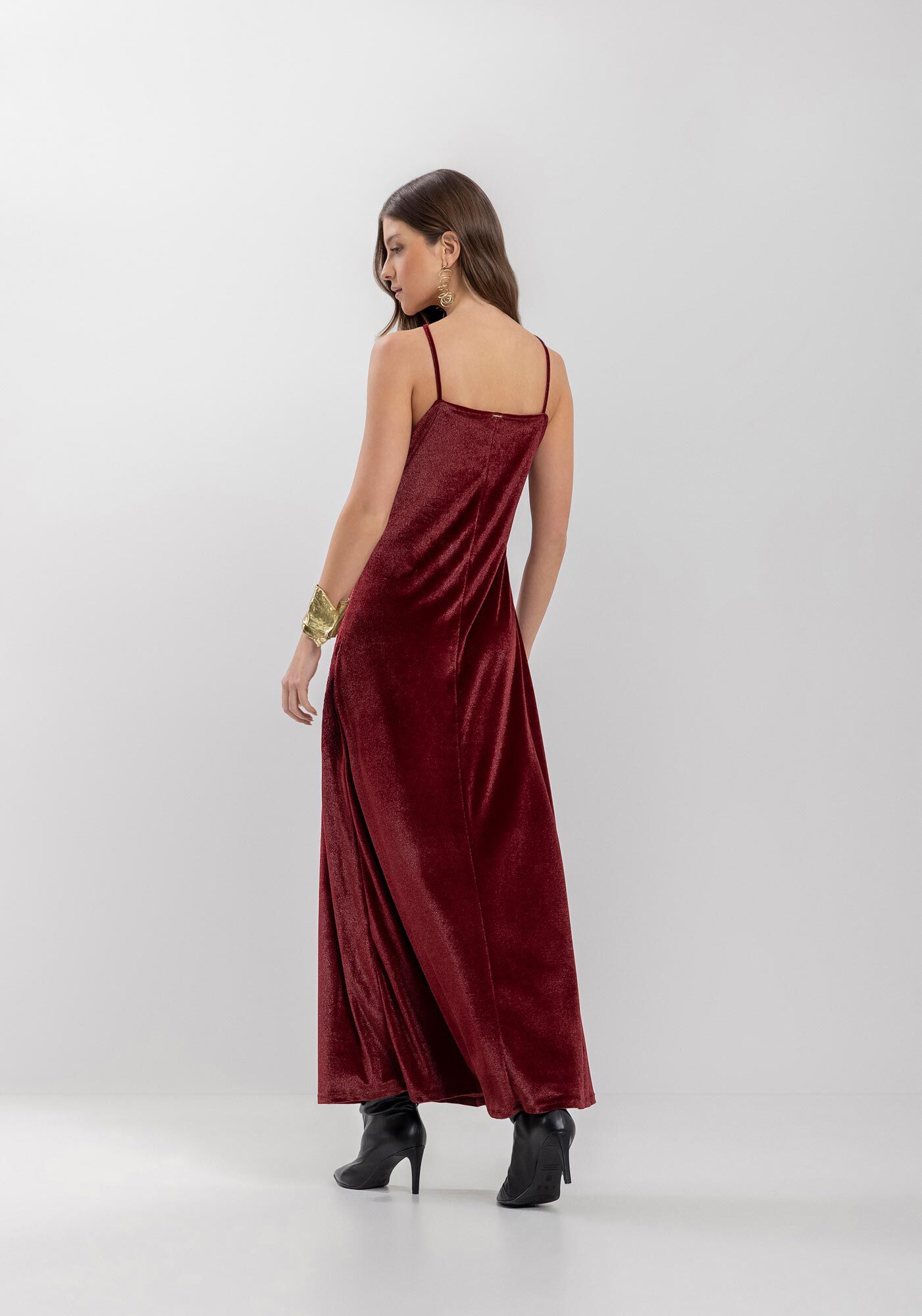 Vestido Longo De Al&ccedil;as Em Malha De Veludo, VERMELHO FLAMBOYANT, large.