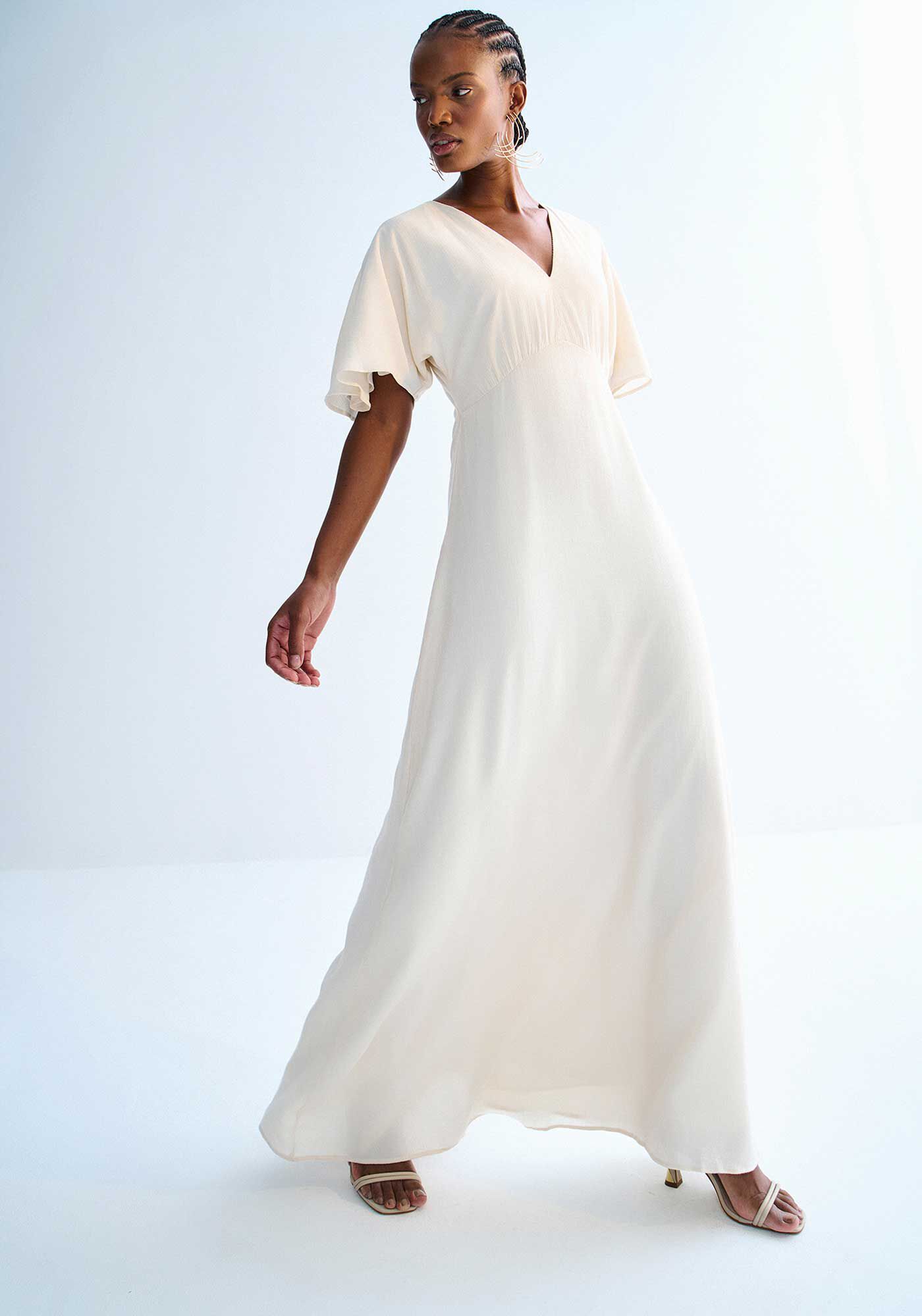 Vestido Longo em Viscose Texturizada com Manga Flare, BRANCO OFF WHITE, large.