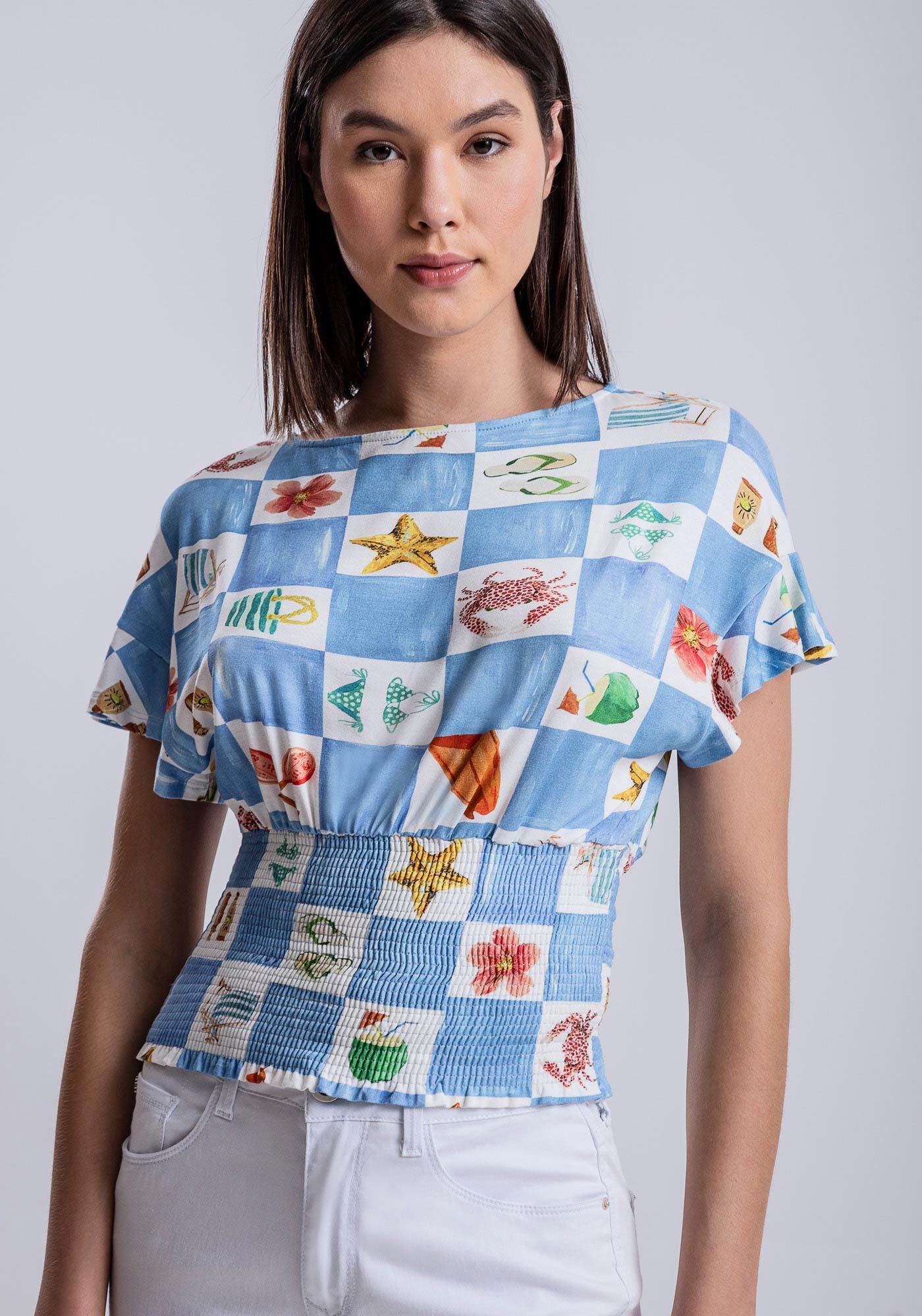 Blusa Estampada em Malha MVS com Lastex Barra, , large.