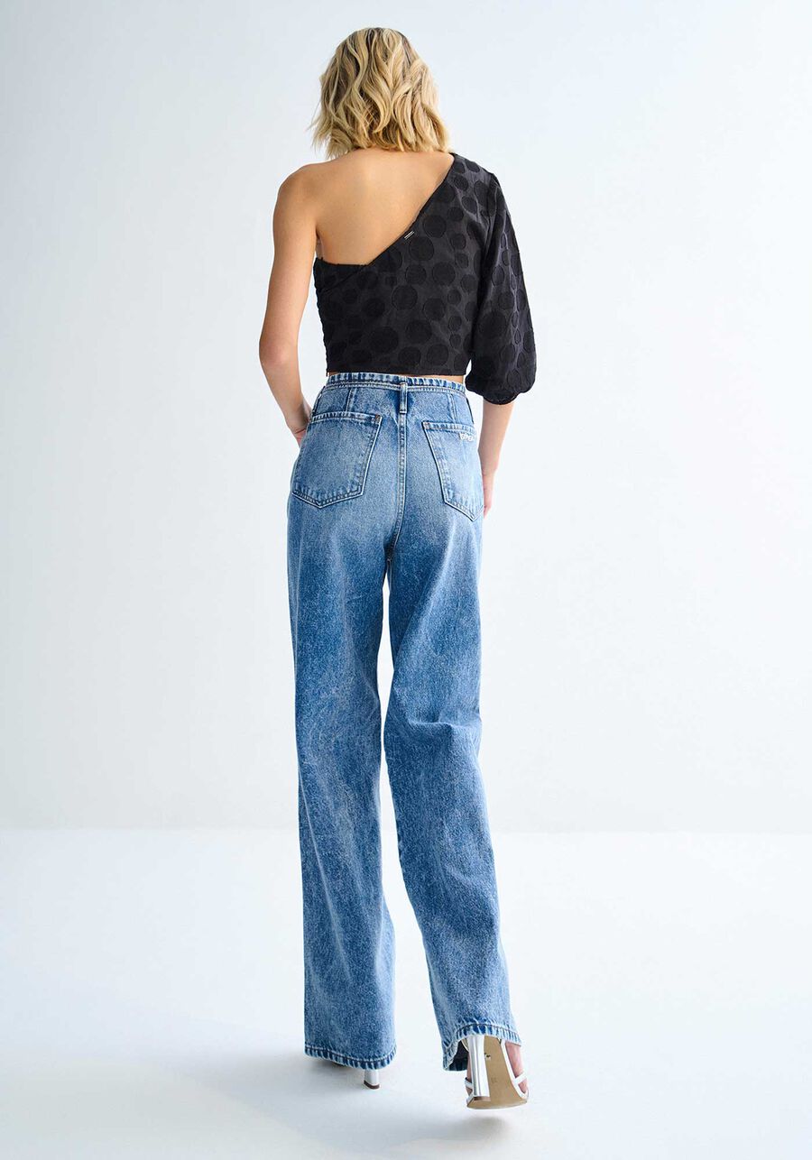 Blusa Um Ombro Só em Cotton Poá com Top, PRETO REATIVO. Blusa Um Ombro Só em Cotton Poá com Top, PRETO REATIVO, large.