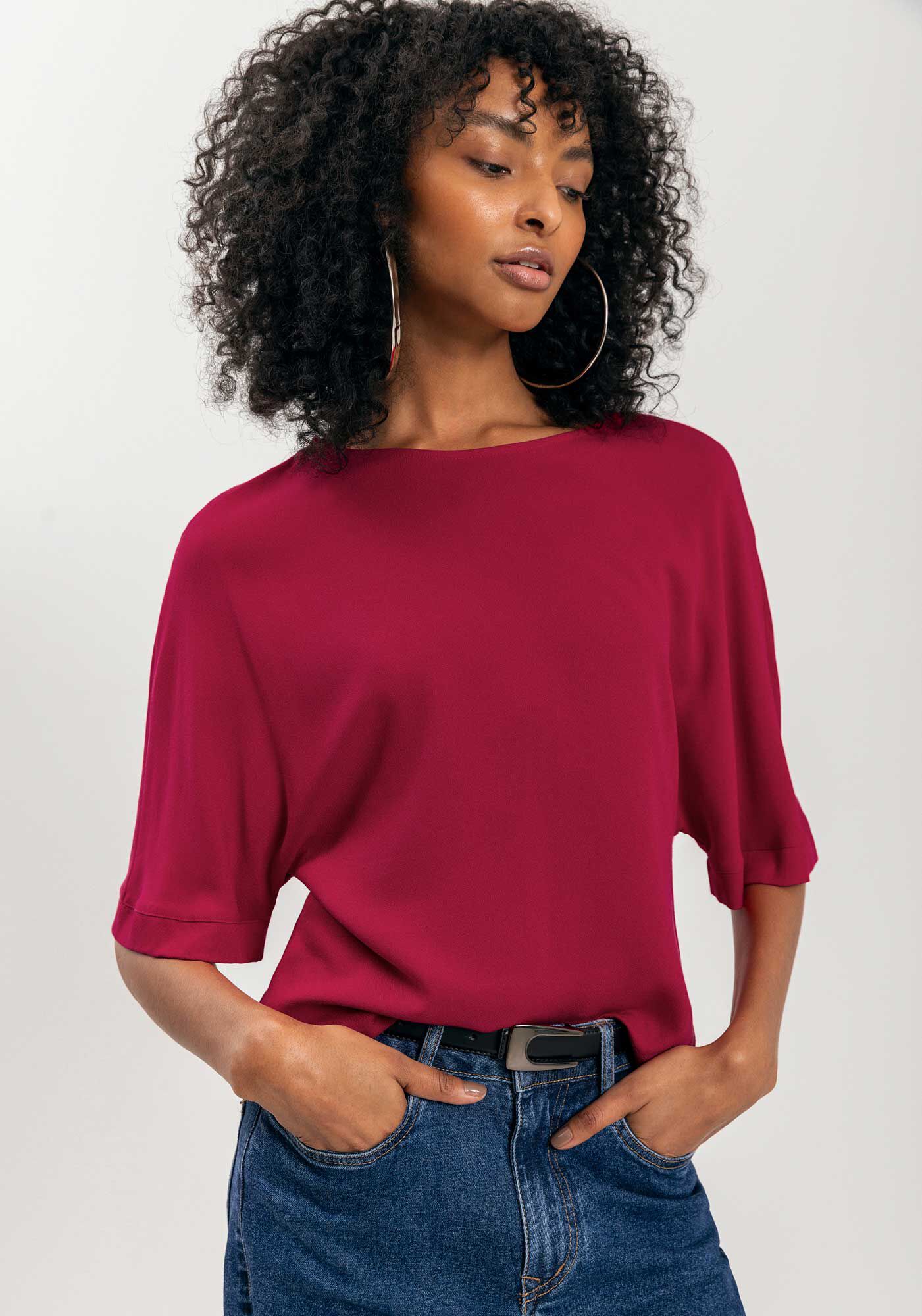 Blusa De Mangas M&eacute;dias Lisa Em Crepe De Viscose, , large.