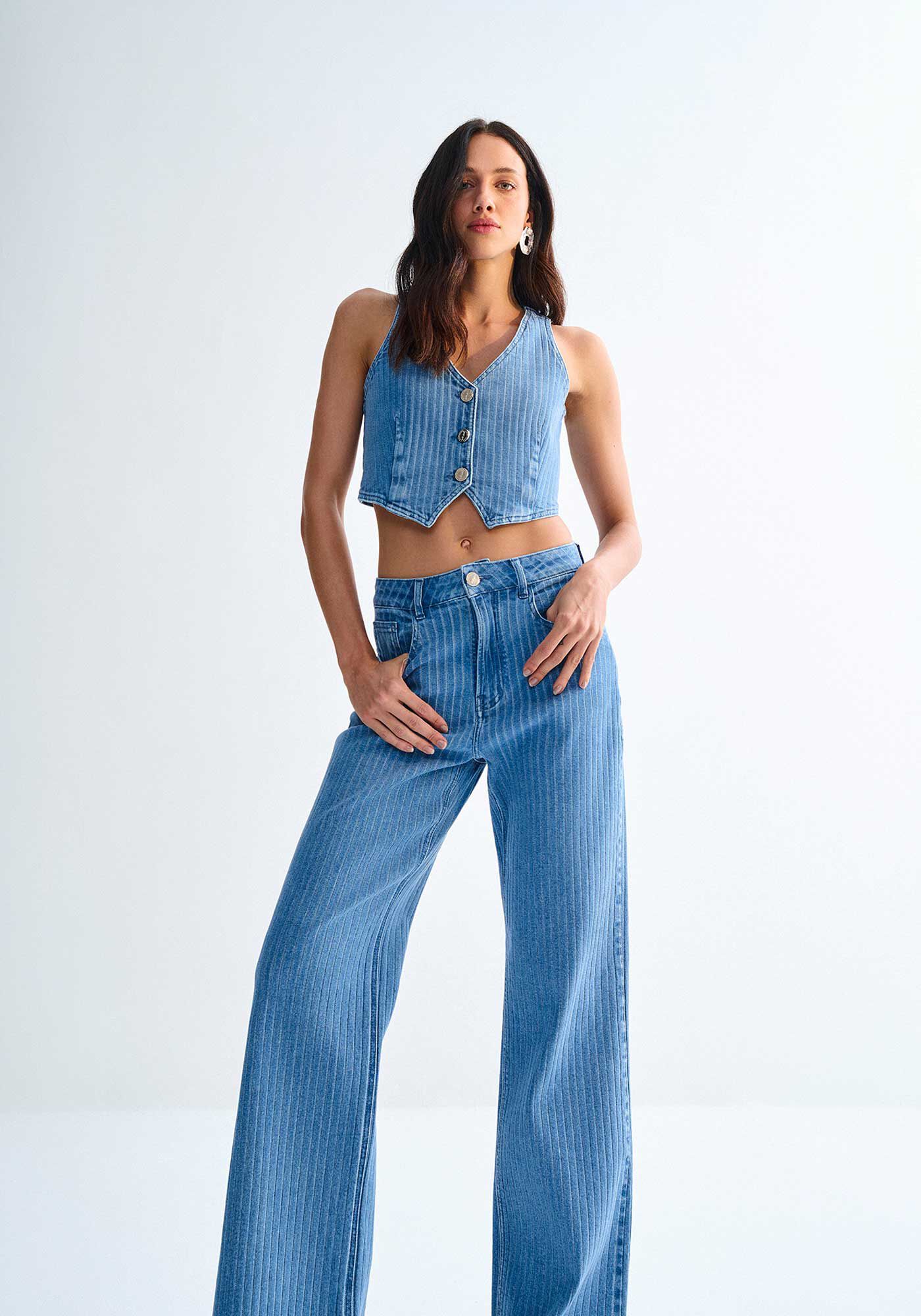 Cal&ccedil;a Jeans Wide Leg Cintura Alta Risca de Giz, , large.
