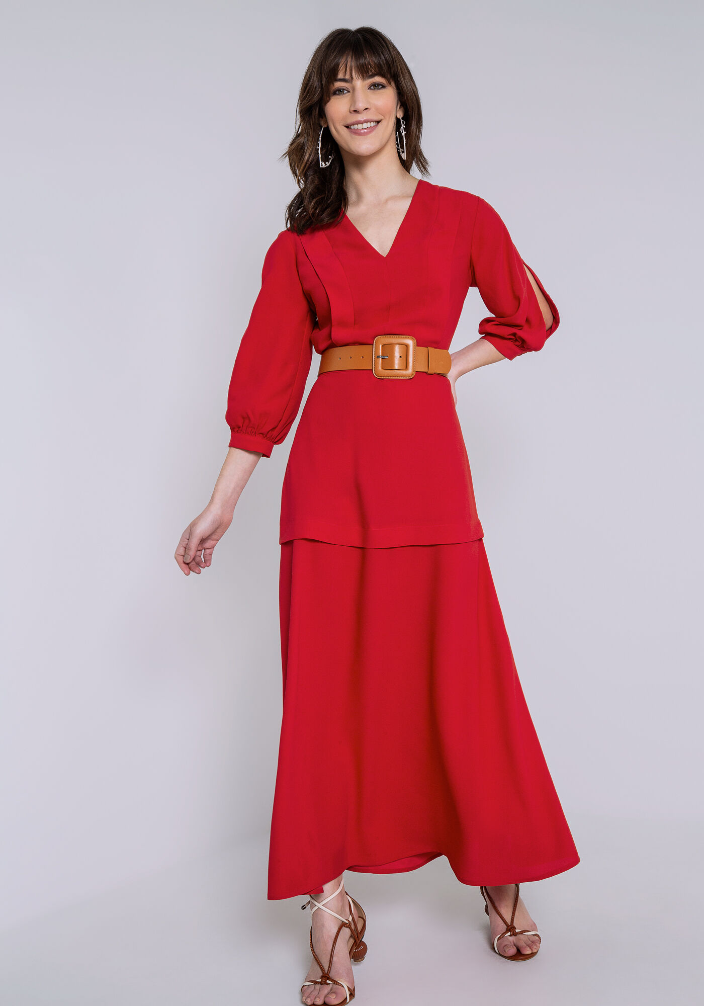 Vestido Crepe Manga 3/4 Midi com Pregas Decote, , large.