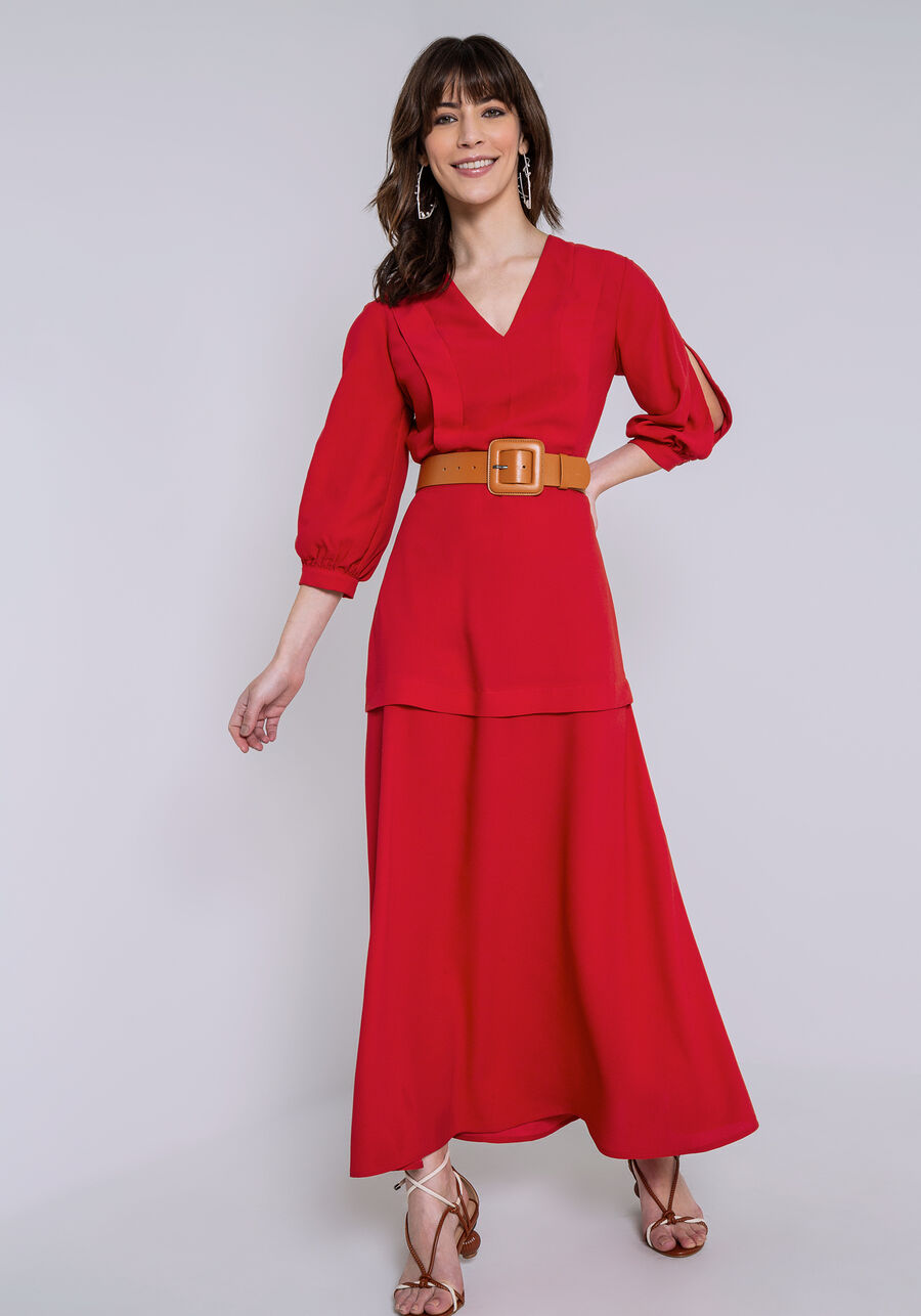 Vestido Crepe Manga 3/4 Midi com Pregas Decote, . Vestido Crepe Manga 3/4 Midi com Pregas Decote, , large.