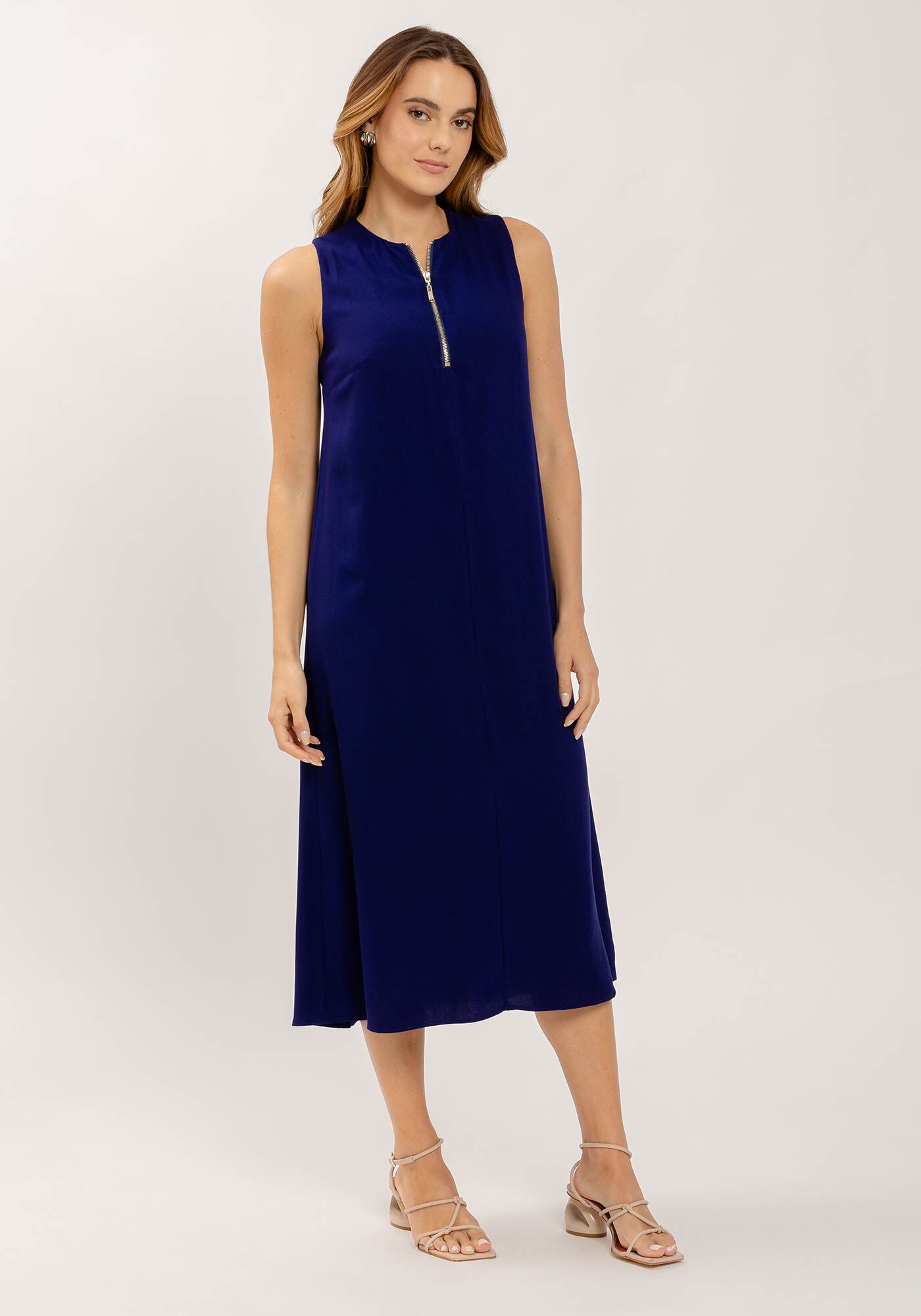 Vestido Midi em Viscose com Z&iacute;per Decote, , large.