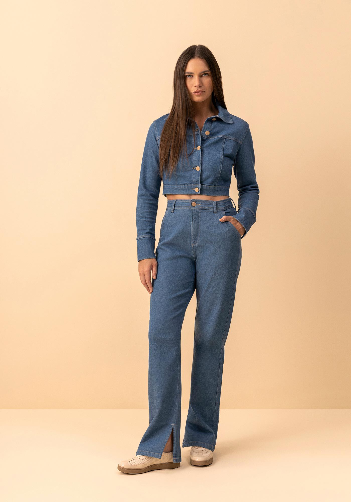 Jaqueta Jeans Cropped Com Bot&otilde;es E Elastano, , large.