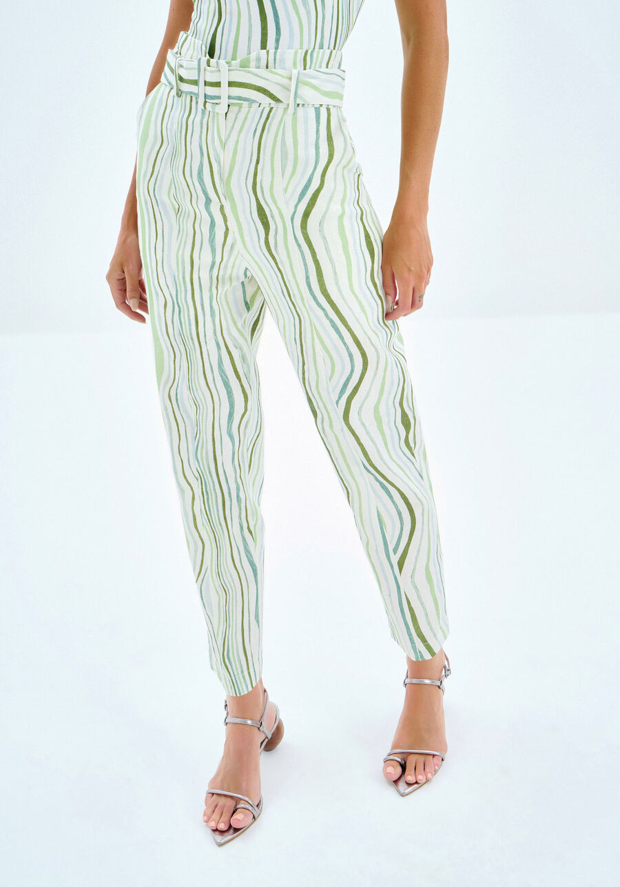 Calça Reta em Linho Estampada com Cinto, BREEZE. Calça Reta em Linho Estampada com Cinto, BREEZE, large.