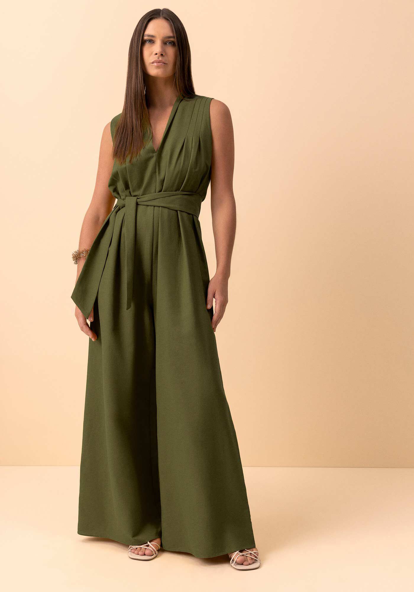 Macac&atilde;o Longo Amplo Com Decote Em V E Faixa, VERDE FLORENA, large.