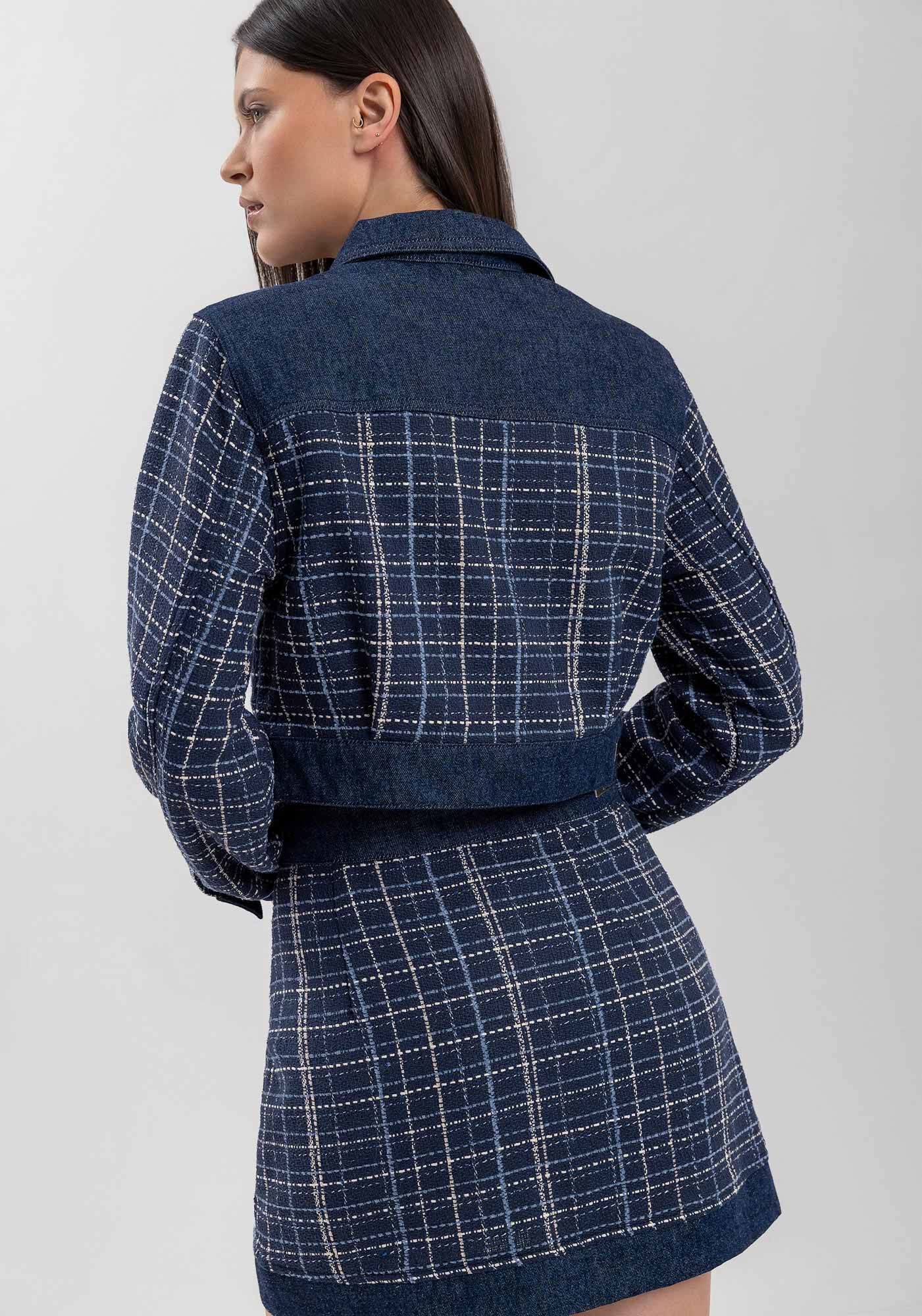 Jaqueta Jeans Cropped Com Gola E Padronagem Xadrez, JEANS, large.