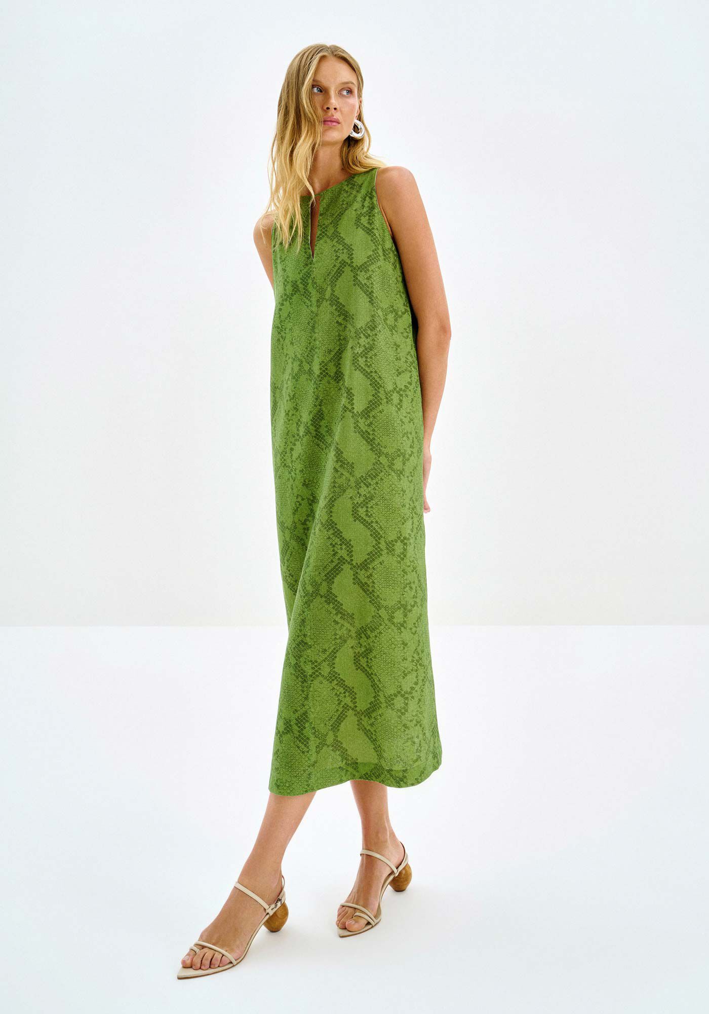 Vestido Midi Reto em Linho Estampado, SNAKE, large.