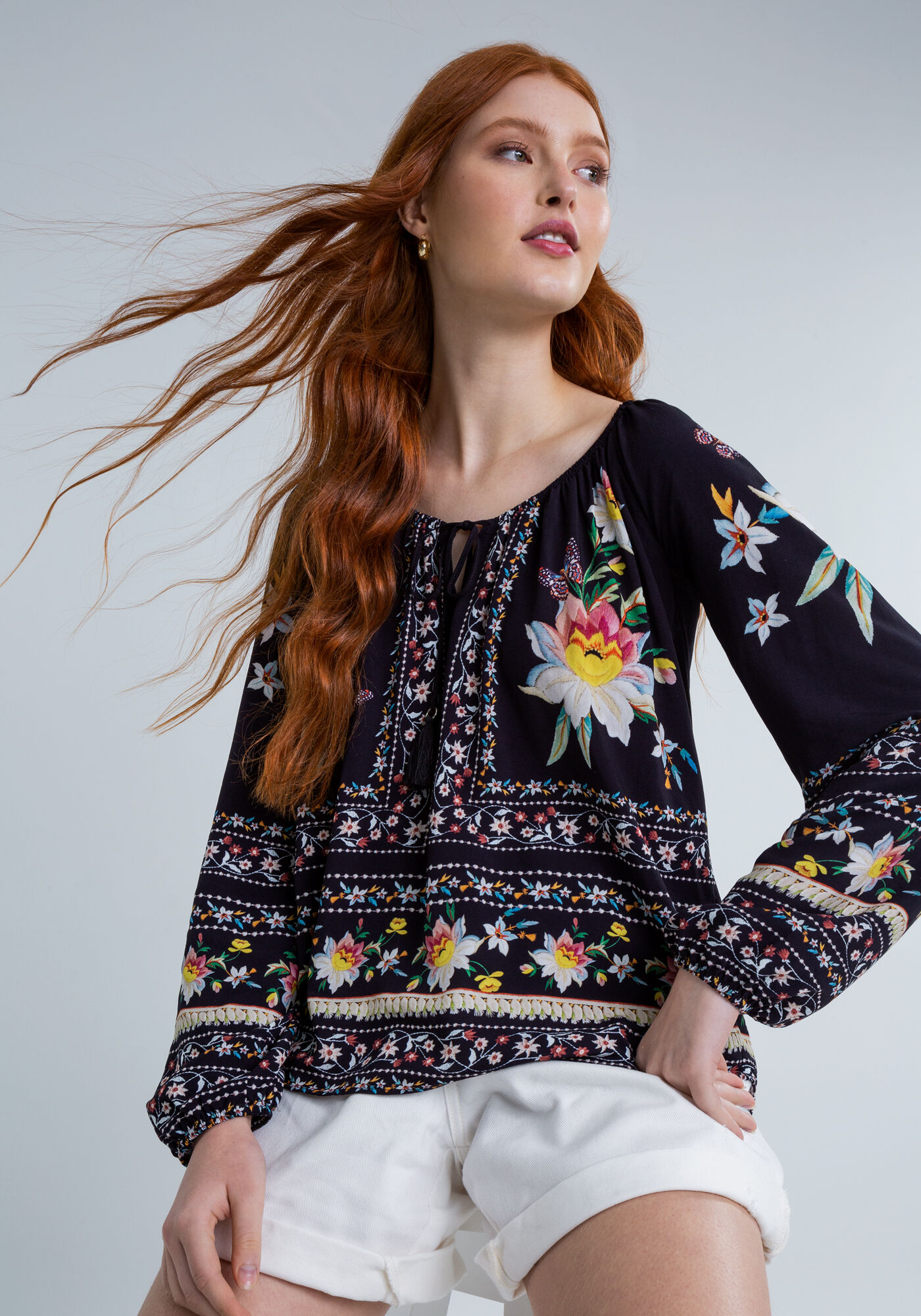 Blusa Bata Amarra&ccedil;&atilde;o Estampada, NOSTALGIA, large.