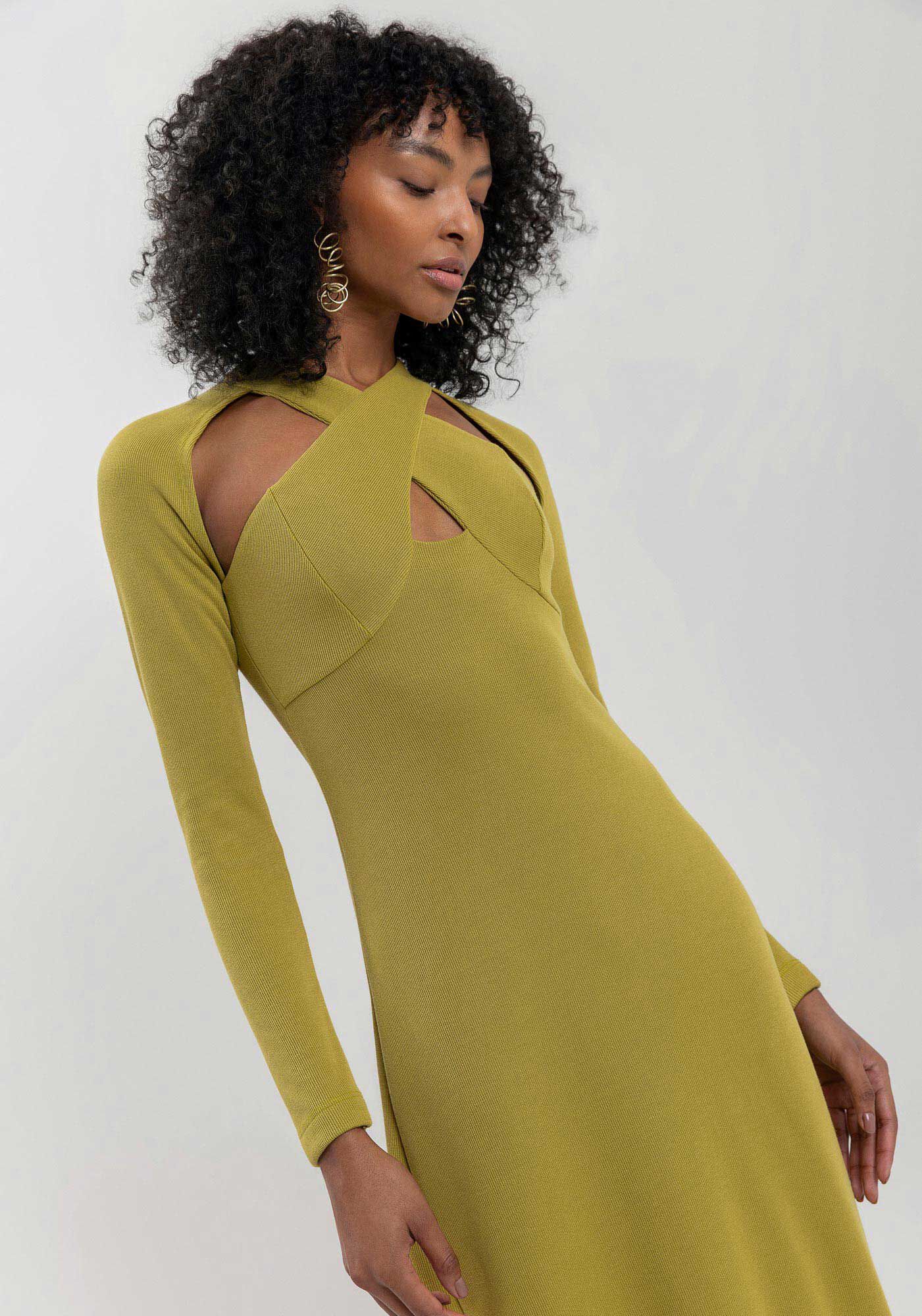 Vestido Midi Ch&aacute; De Mangas Longas Com Recortes Frontais, VERDE NEW SOFT, large.