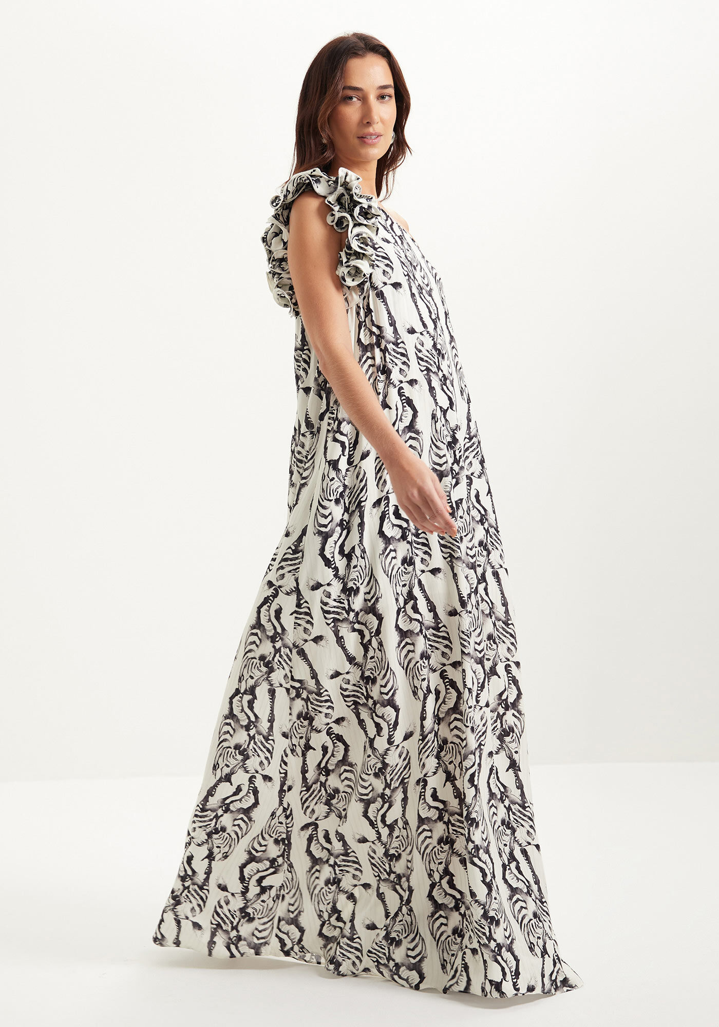 Vestido Longo Um Ombro S&oacute; Estampado Com Babados, , large.