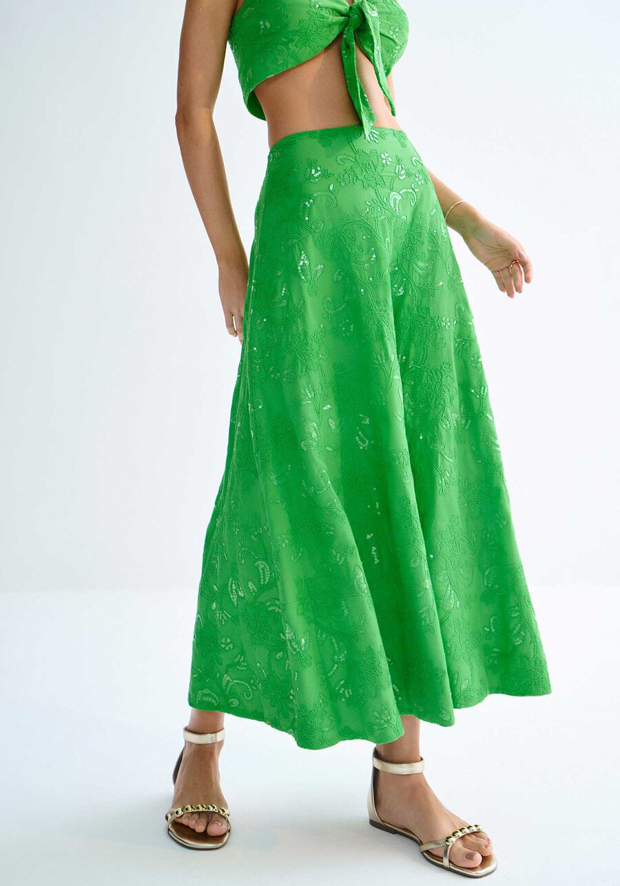 Saia Midi Evasê em Tecido Bordado Paetês, VERDE MELISSA. Saia Midi Evasê em Tecido Bordado Paetês, VERDE MELISSA, large.