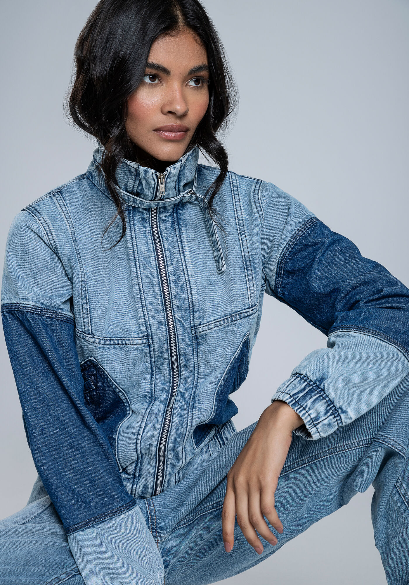 Jaqueta Jeans com Recortes Contraste, JEANS, large.