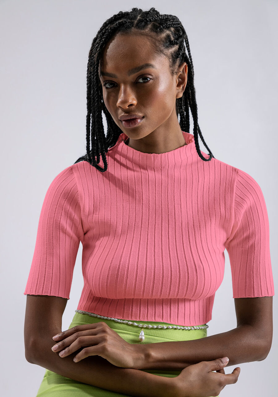 Blusa Manga Curta Tricô com Gola Alta, ROSA FABULOUS. Blusa Manga Curta Tricô com Gola Alta, ROSA FABULOUS, large.