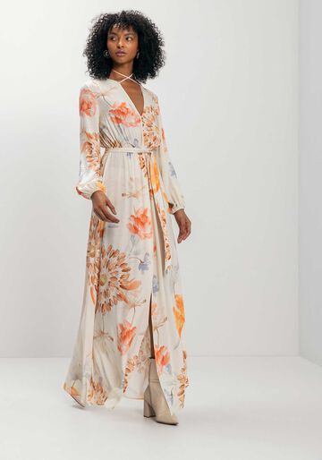 Vestido Longo Estampado Com Fenda E Amarração Na Gola, FLORA BEGE. Vestido Longo Estampado Com Fenda E Amarração Na Gola, FLORA BEGE, large.