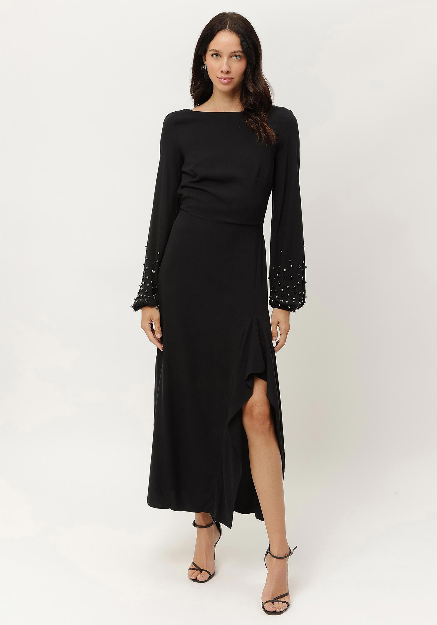 Vestido Midi Manga Longa com Fenda e P&eacute;rolas, , large.