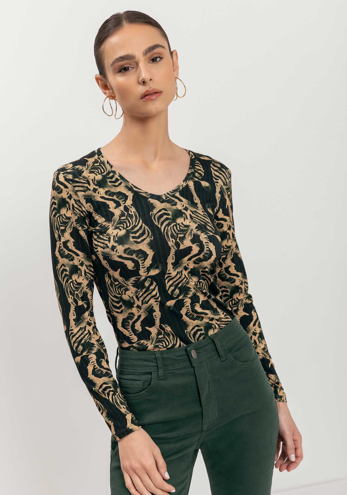 Blusa Estampada De Mangas Longas Em Malha De Viscose, ZEBRA PLISSE VERDE, large.