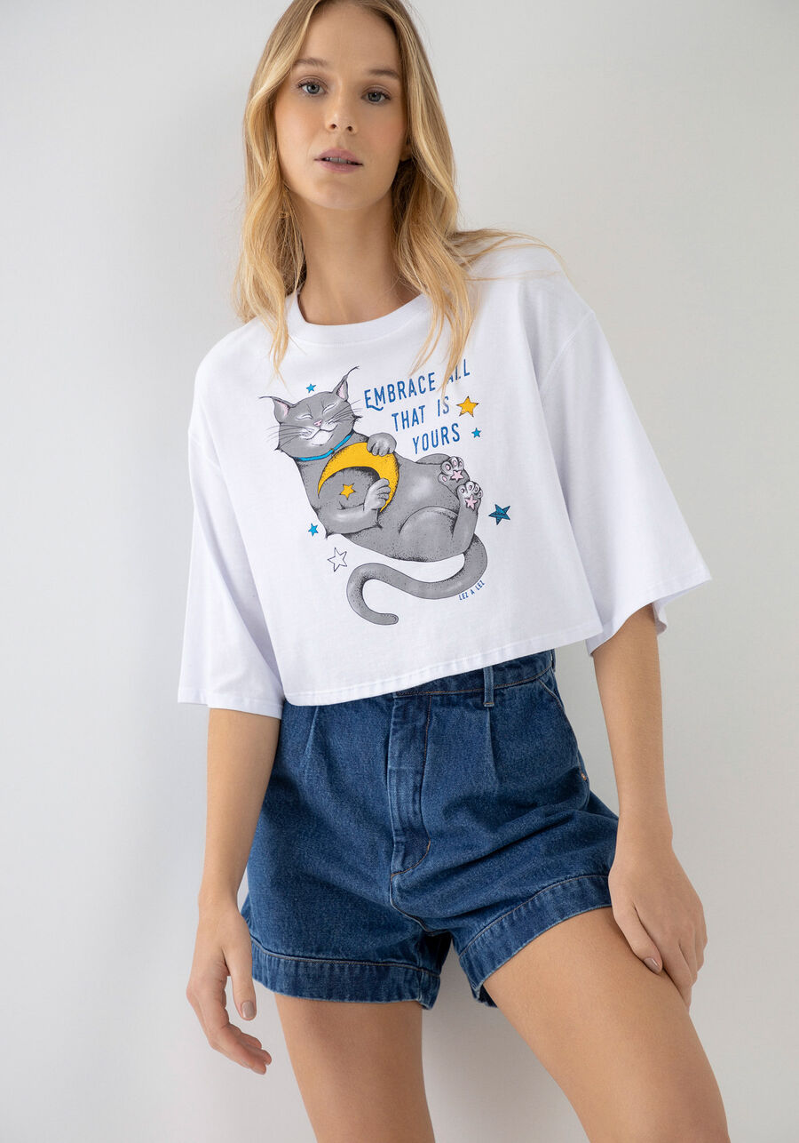 T-shirt Cropped em Malha com Estampa, . T-shirt Cropped em Malha com Estampa, , large.