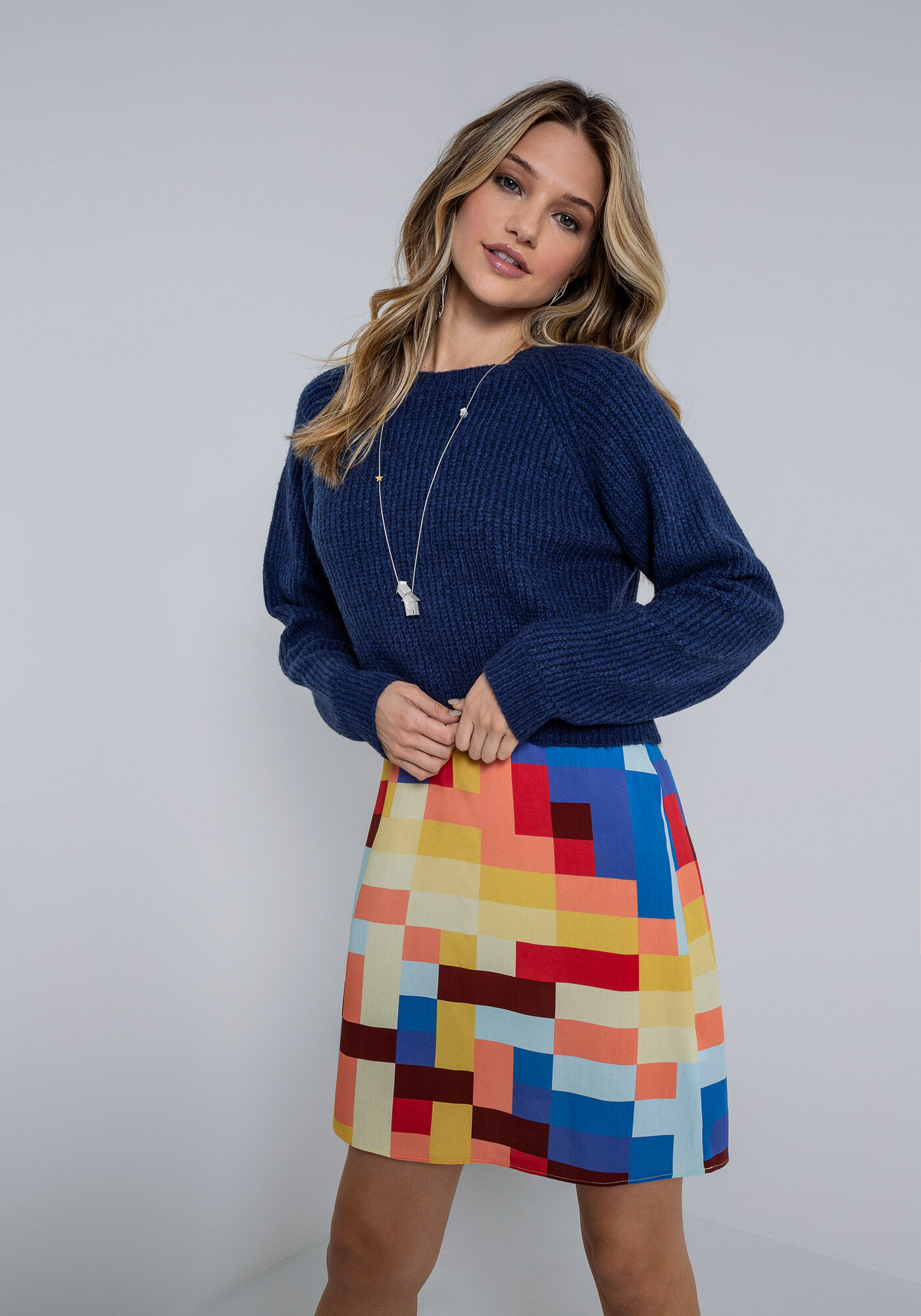 Blusa Manga Longa em Tric&ocirc; Cropped, AZUL TINKER, large.