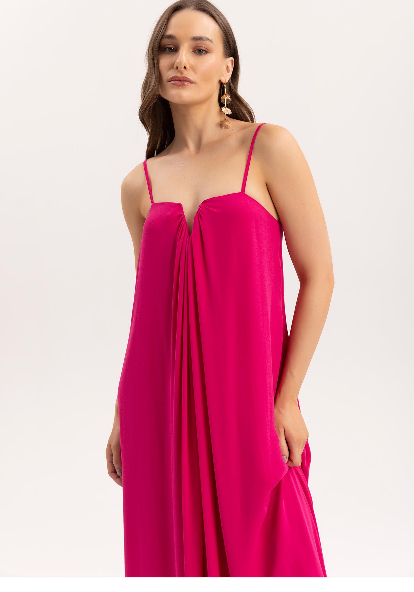 Vestido Longo Amplo em Crepe Franzido, ROSA SYRUP, large.